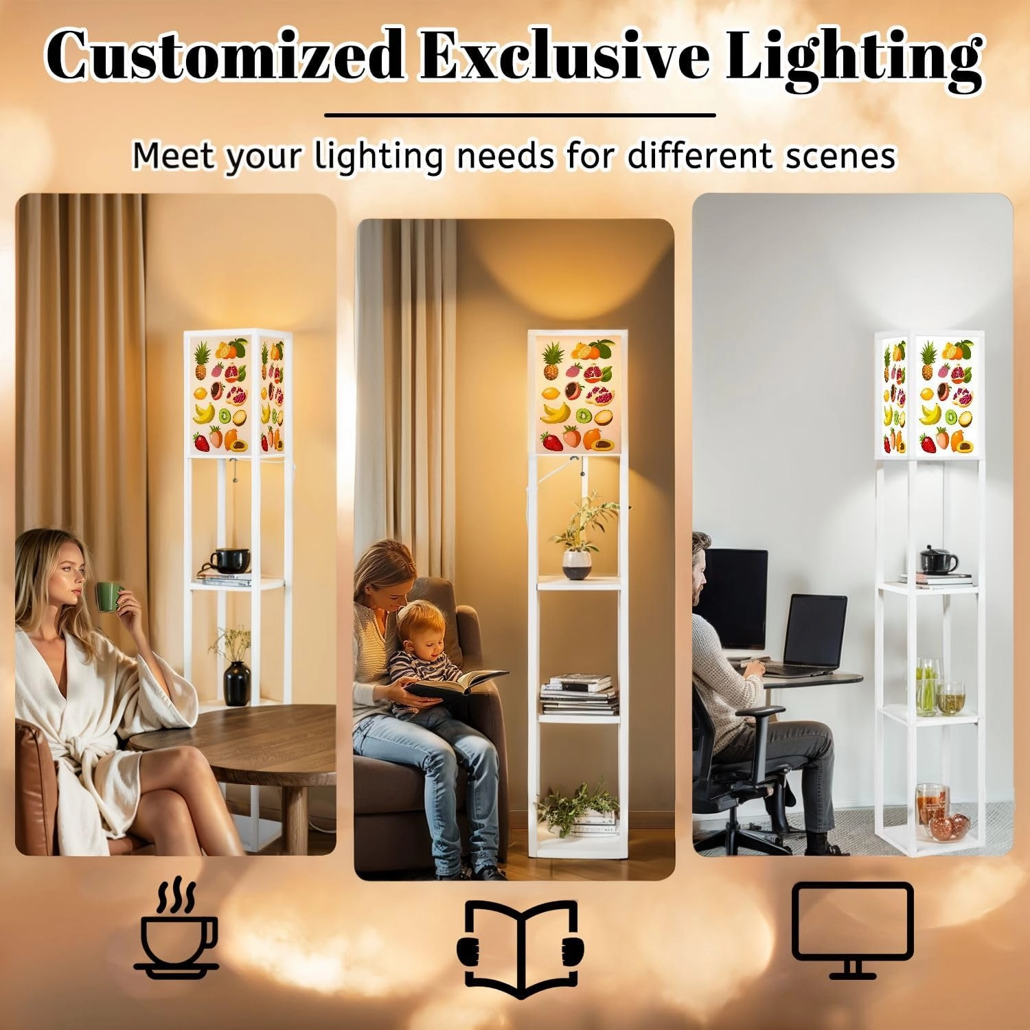 Beautiful Bright Cards Tropical Fruit Floor Lamps with Shelves, Modern Standing Lamp Narrow Corner Display Bookshelf Lamp for Living Room, Bedroom, Office Decor