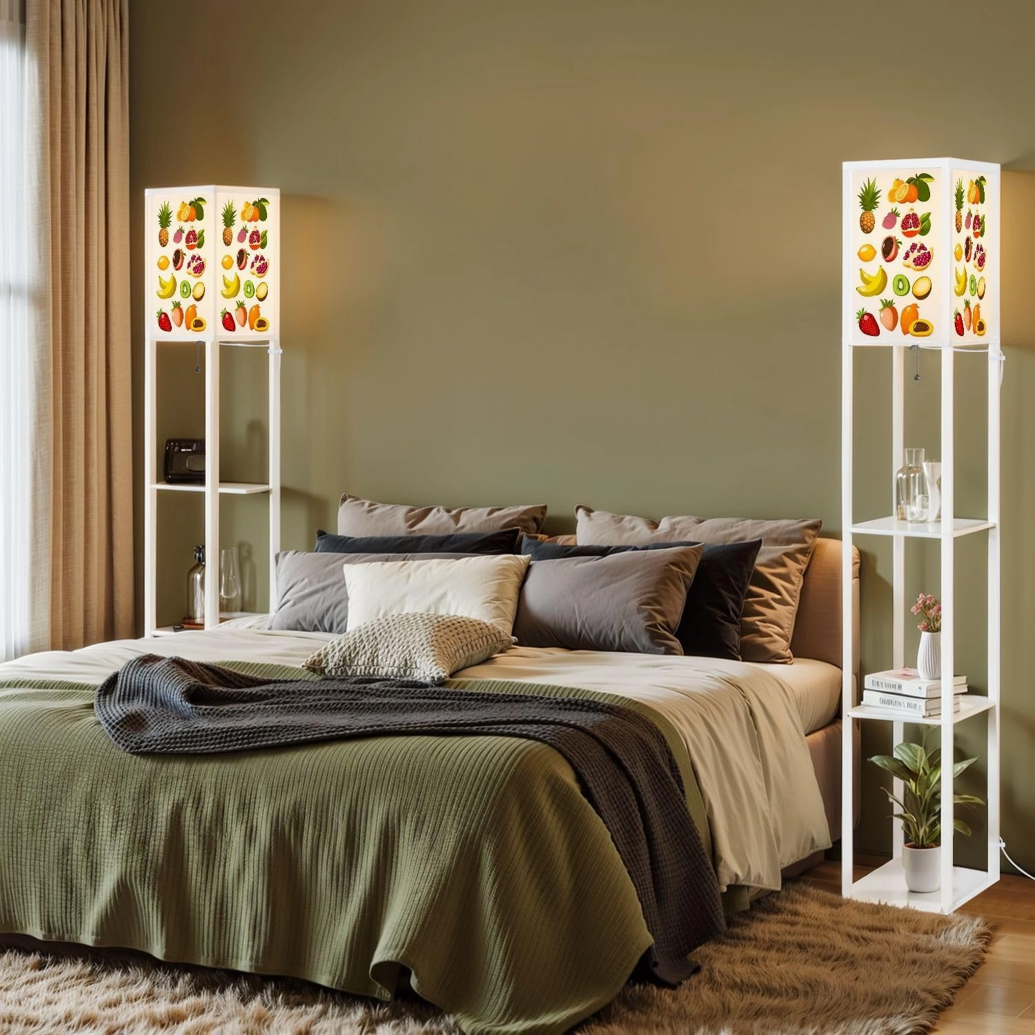 Beautiful Bright Cards Tropical Fruit Floor Lamps with Shelves, Modern Standing Lamp Narrow Corner Display Bookshelf Lamp for Living Room, Bedroom, Office Decor