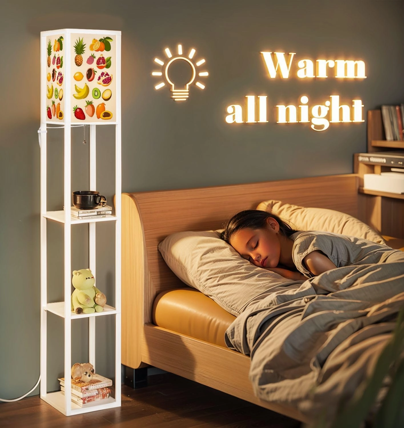 Beautiful Bright Cards Tropical Fruit Floor Lamps with Shelves, Modern Standing Lamp Narrow Corner Display Bookshelf Lamp for Living Room, Bedroom, Office Decor