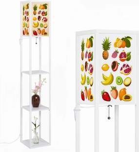 Beautiful Bright Cards Tropical Fruit Floor Lamps with Shelves, Modern Standing Lamp Narrow Corner Display Bookshelf Lamp for Living Room, Bedroom, Office Decor