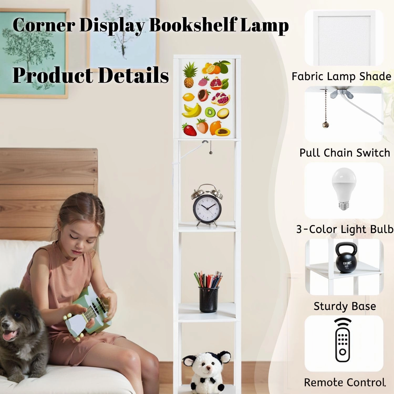 Beautiful Bright Cards Tropical Fruit Floor Lamps with Shelves, Modern Standing Lamp Narrow Corner Display Bookshelf Lamp for Living Room, Bedroom, Office Decor