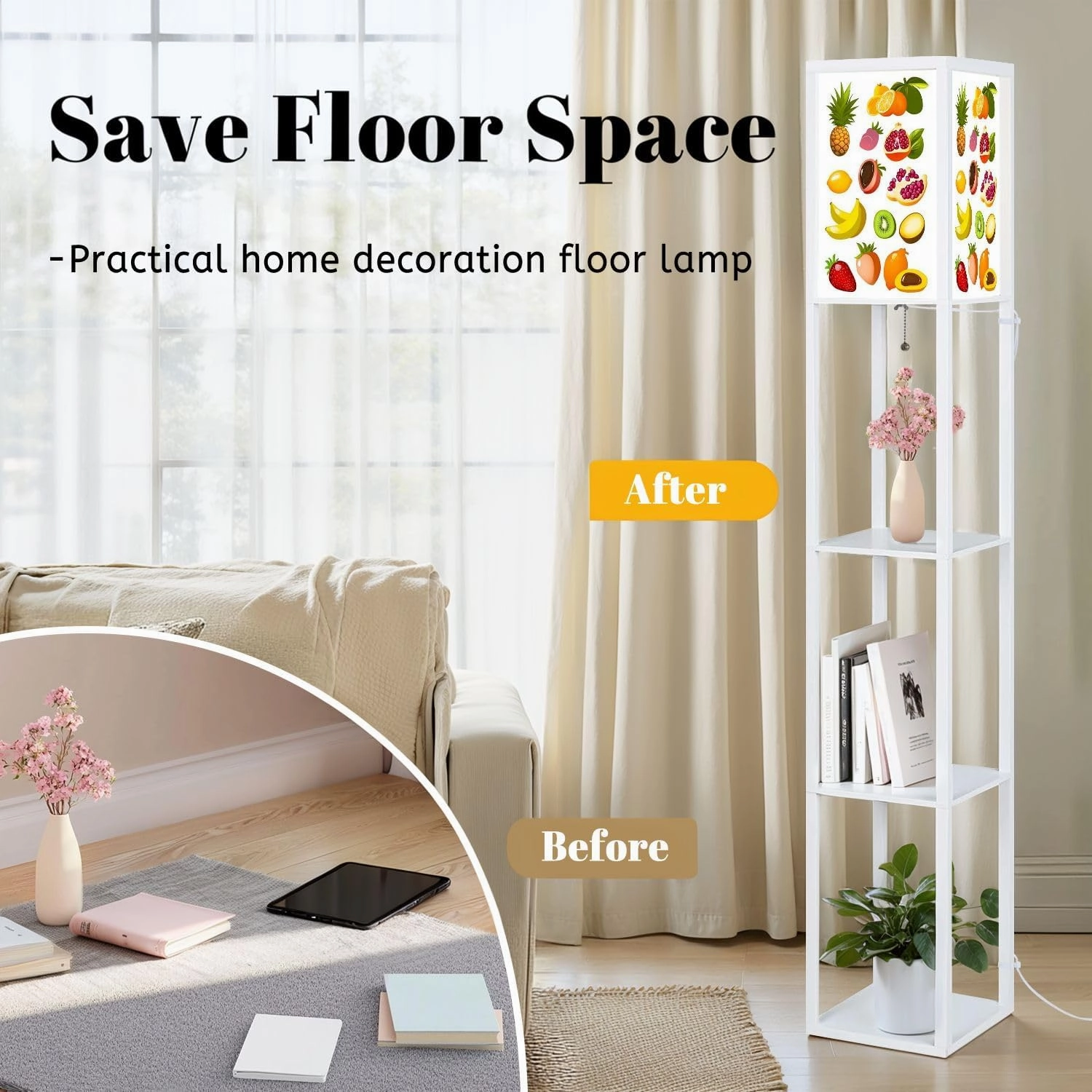 Beautiful Bright Cards Tropical Fruit Floor Lamps with Shelves, Modern Standing Lamp Narrow Corner Display Bookshelf Lamp for Living Room, Bedroom, Office Decor