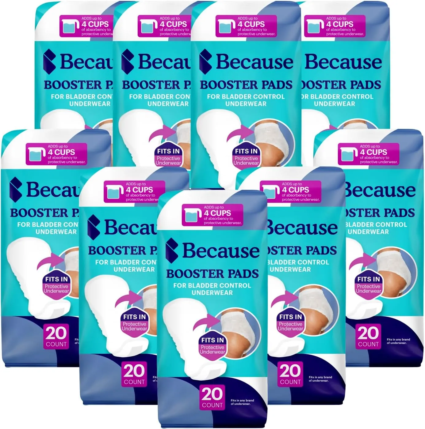 Because Premium Incontinence Booster Pads for Men and Women, Adds Extra Absorbency to Adult Diapers, Super Soft, Adhesive Strip Backing, Unisex, 180 Count (9 Packs of 20)