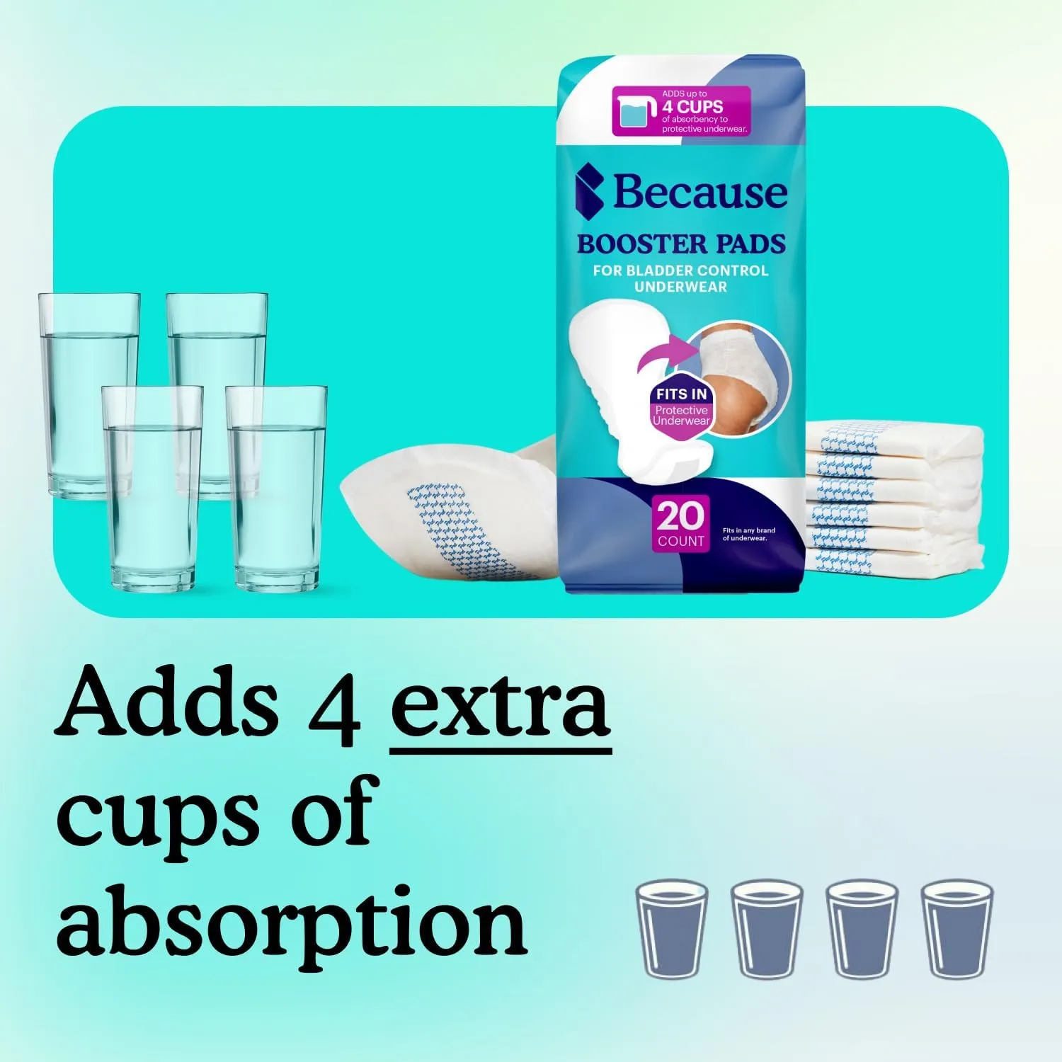Because Premium Incontinence Booster Pads for Men and Women, Adds Extra Absorbency to Adult Diapers, Super Soft, Adhesive Strip Backing, Unisex, 180 Count (9 Packs of 20)