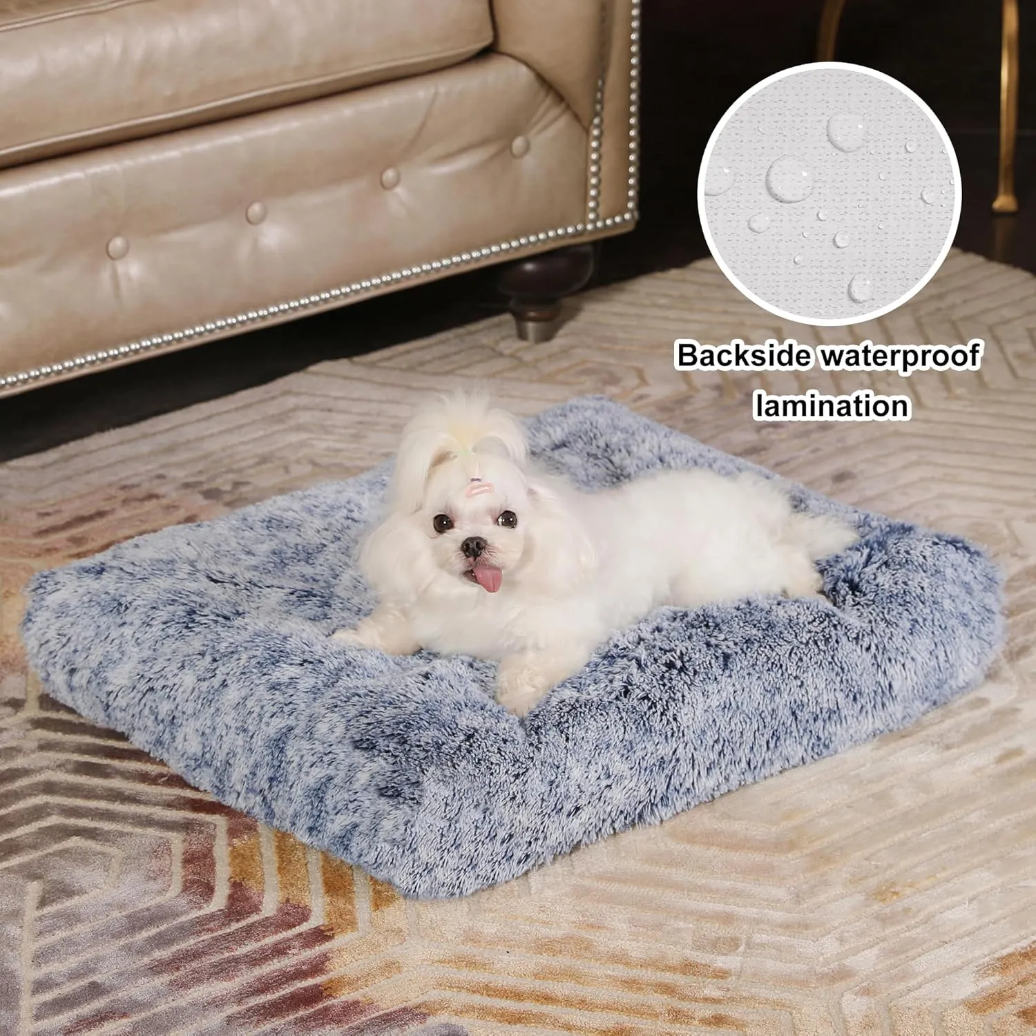 Bedfolks Plush Waterproof Dog Crate Bed, Removable Washable Cover, Faux Fur, 17"x12", Dark Blue