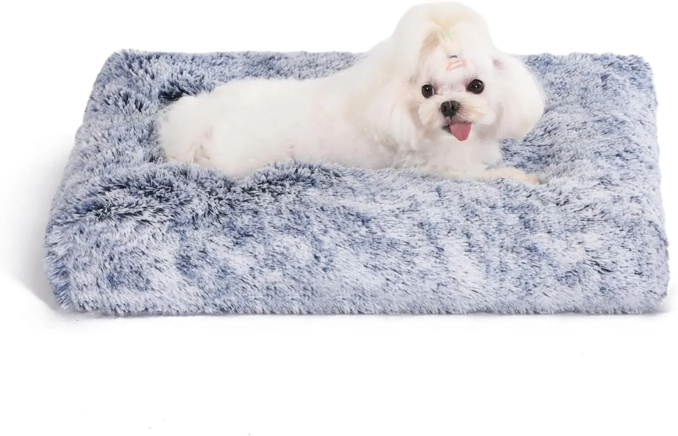 Bedfolks Plush Waterproof Dog Crate Bed, Removable Washable Cover, Faux Fur, 17"x12", Dark Blue