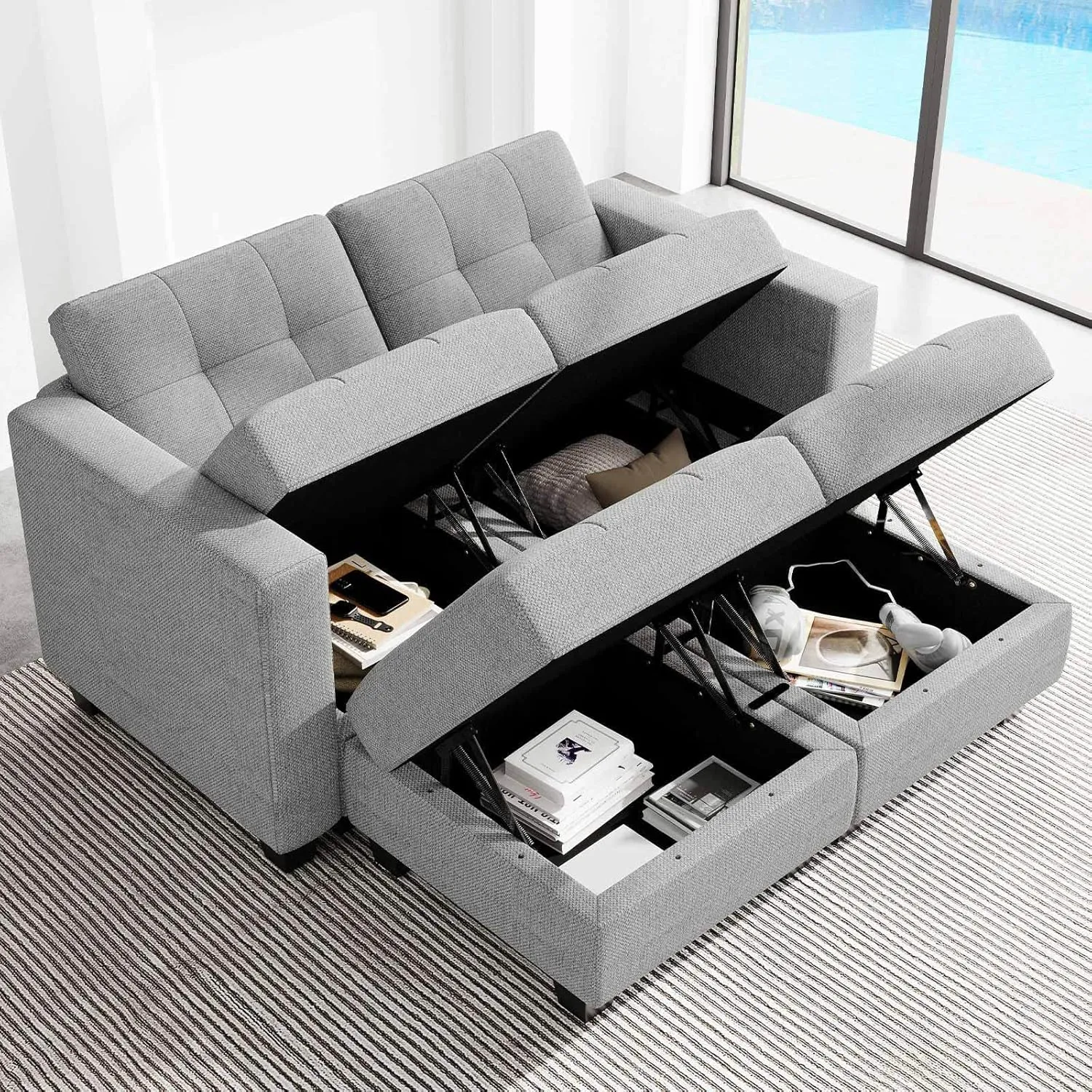 Belffin Modular Sectional Sofa with Storage Ottoman Modern Fabric L Shaped Couch with Chaise for Small Spaces Light Grey