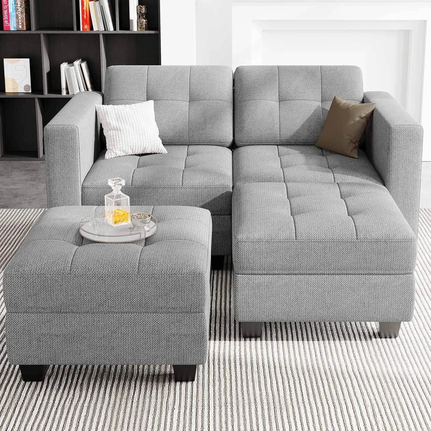 Belffin Modular Sectional Sofa with Storage Ottoman Modern Fabric L Shaped Couch with Chaise for Small Spaces Light Grey