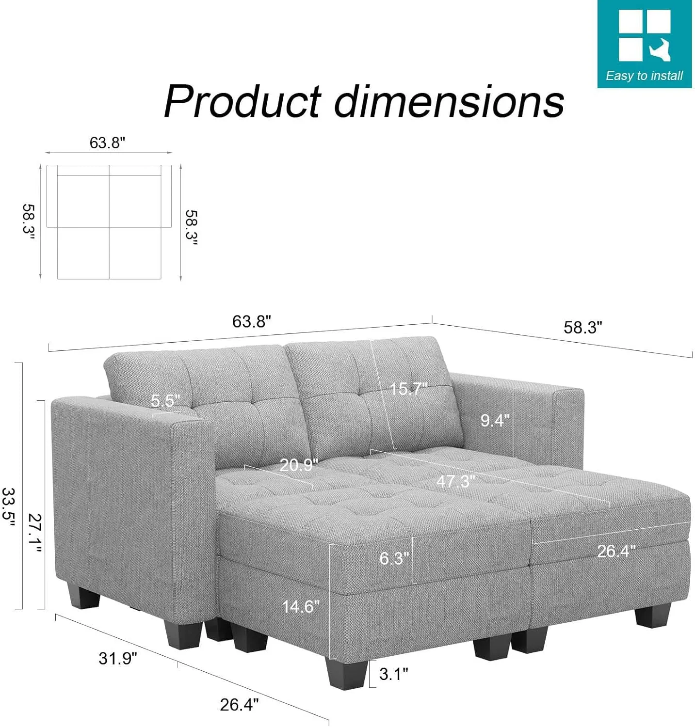 Belffin Modular Sectional Sofa with Storage Ottoman Modern Fabric L Shaped Couch with Chaise for Small Spaces Light Grey