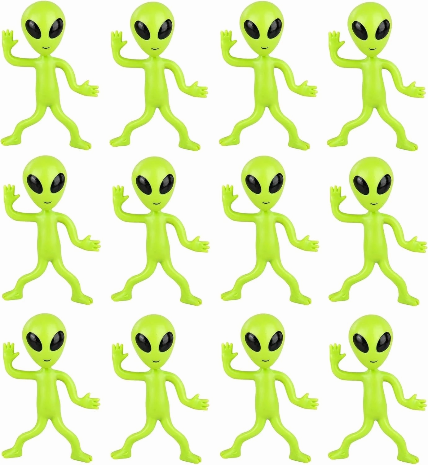 Bendable Rubber Neon Green Aliens - 12 Pack. (4") Action Figures Bendable UFO Aliens Limbs Sensory Stress Relief Fidget Toys. Great Party Favor Trick or Treat Supplies (Neon Green Aliens, 12, Pack)