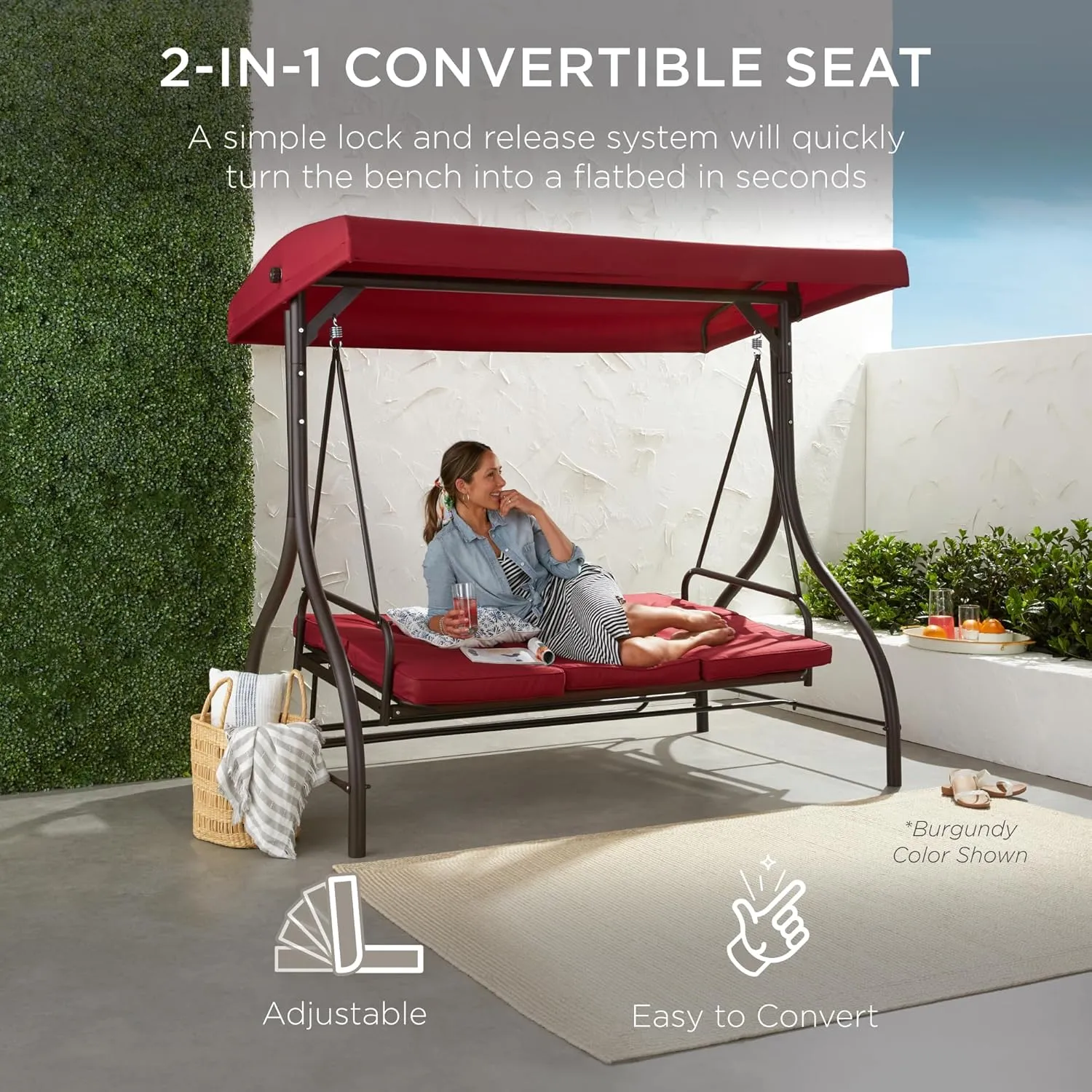 Best Choice Products 3-Seat Outdoor Large Converting Canopy Swing Glider, Patio Hammock Lounge Chair for Porch, Backyard w/Flatbed, Adjustable Shade, Removable Cushions - Gray