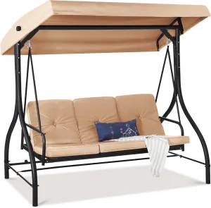 Best Choice Products 3-Seat Outdoor Large Converting Canopy Swing Glider, Patio Hammock Lounge Chair for Porch, Backyard w/Flatbed, Adjustable Shade, Removable Cushions - Tan