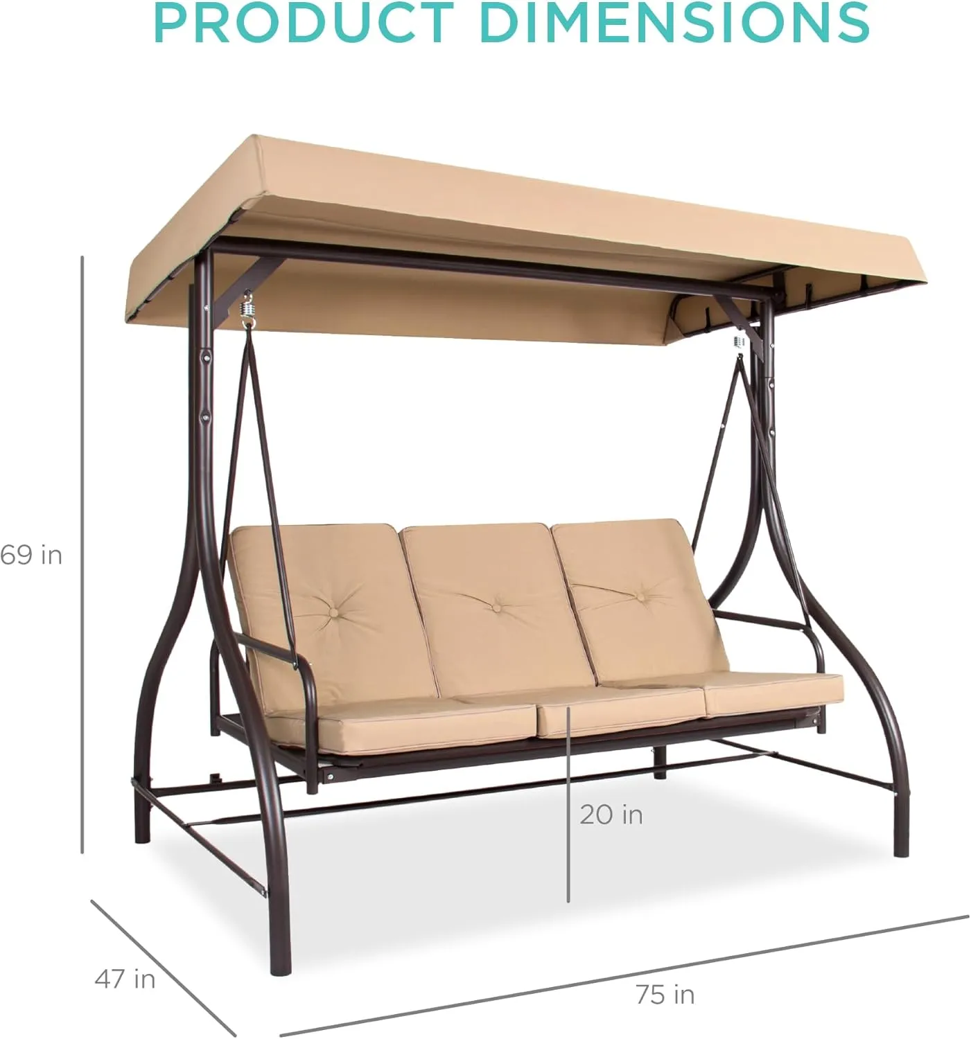 Best Choice Products 3-Seat Outdoor Large Converting Canopy Swing Glider, Patio Hammock Lounge Chair for Porch, Backyard w/Flatbed, Adjustable Shade, Removable Cushions - Tan