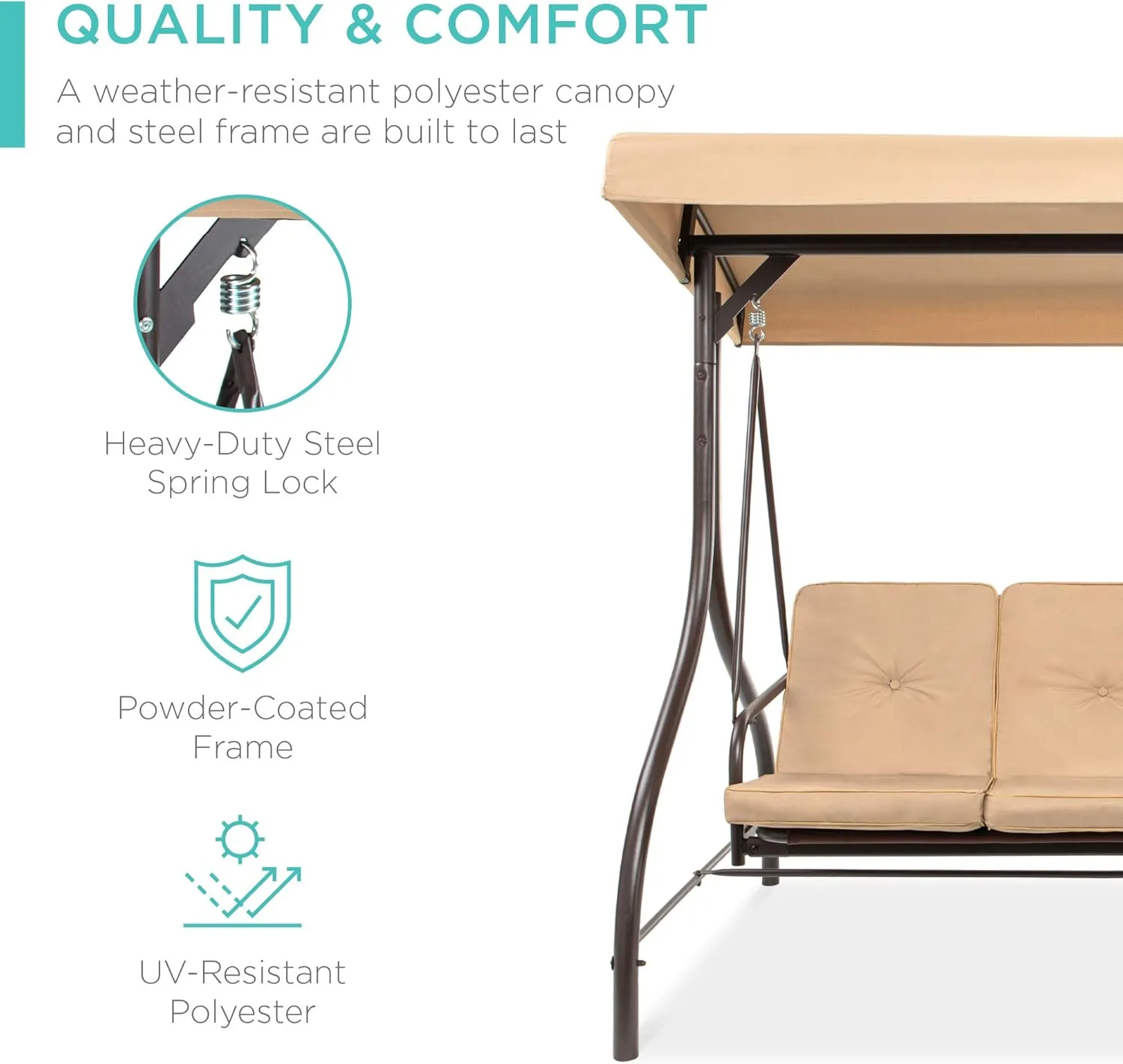 Best Choice Products 3-Seat Outdoor Large Converting Canopy Swing Glider, Patio Hammock Lounge Chair for Porch, Backyard w/Flatbed, Adjustable Shade, Removable Cushions - Tan
