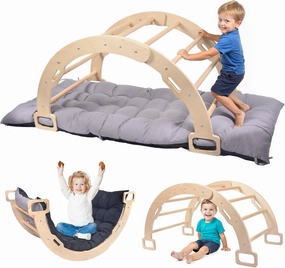 BIERUM Climbing Arch for Toddler - Montessori Arch Rocker Indoor, Wooden Climber Toys, Pikler Triangle Climber Arch Rocker with Two-Color Soft Cushion, Natural