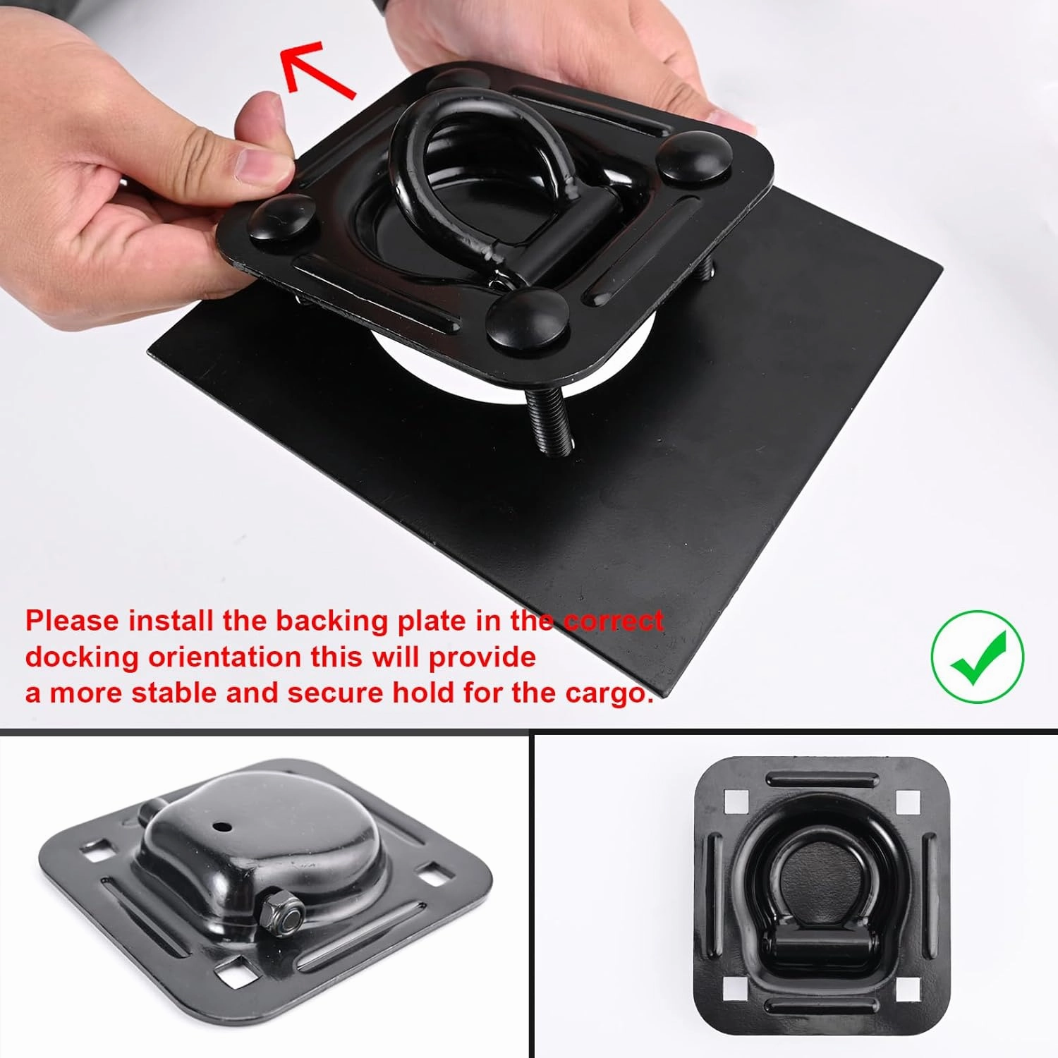 Black 4Pack X Recessed Tie Down D-Rings Anchor, 6,000 lb. Capacity, with Backing Support Plates, for Flatbed Trailer/Truck, Great for Securing Equipment, Cargo and Other Loads