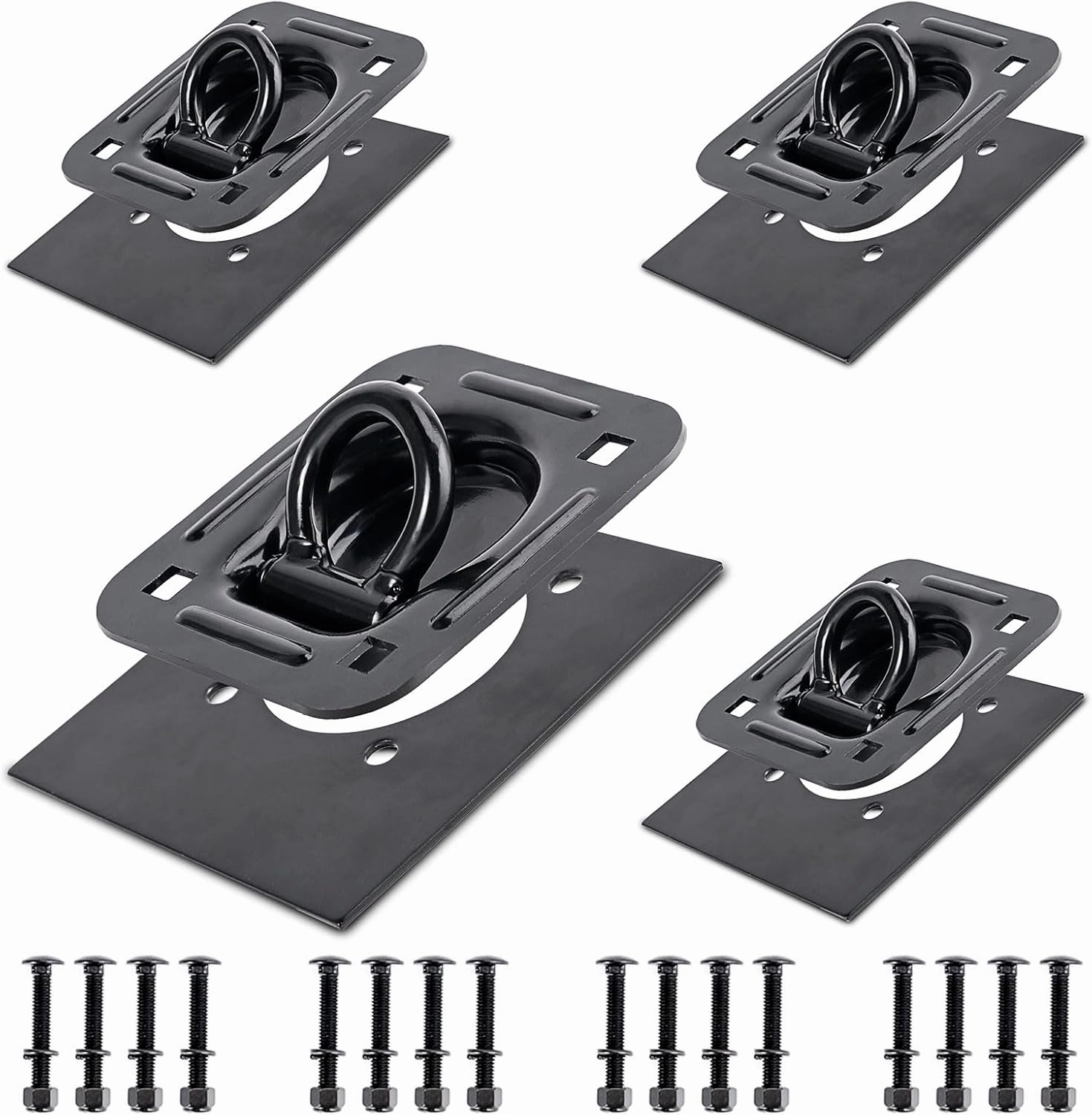 Black 4Pack X Recessed Tie Down D-Rings Anchor, 6,000 lb. Capacity, with Backing Support Plates, for Flatbed Trailer/Truck, Great for Securing Equipment, Cargo and Other Loads
