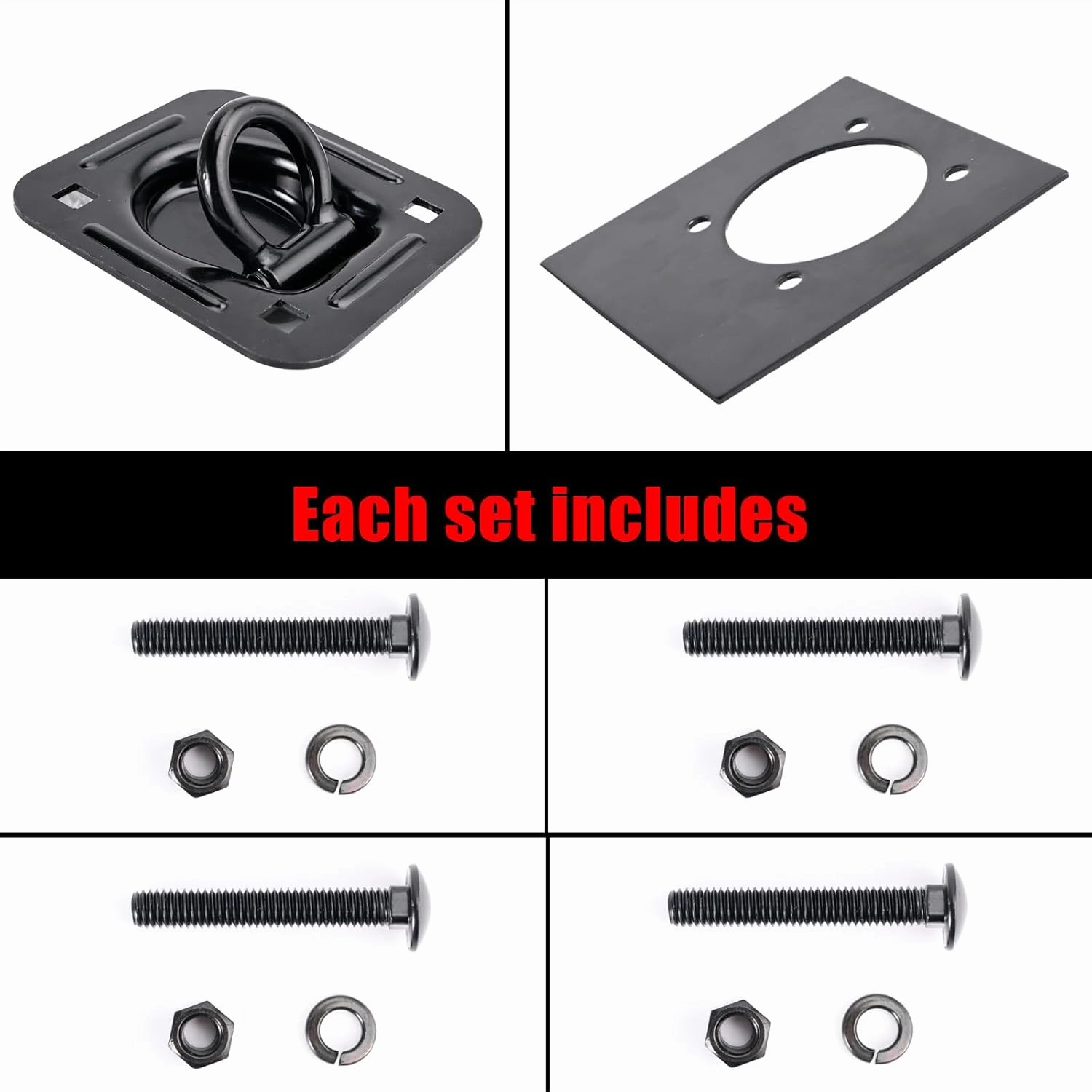Black 4Pack X Recessed Tie Down D-Rings Anchor, 6,000 lb. Capacity, with Backing Support Plates, for Flatbed Trailer/Truck, Great for Securing Equipment, Cargo and Other Loads