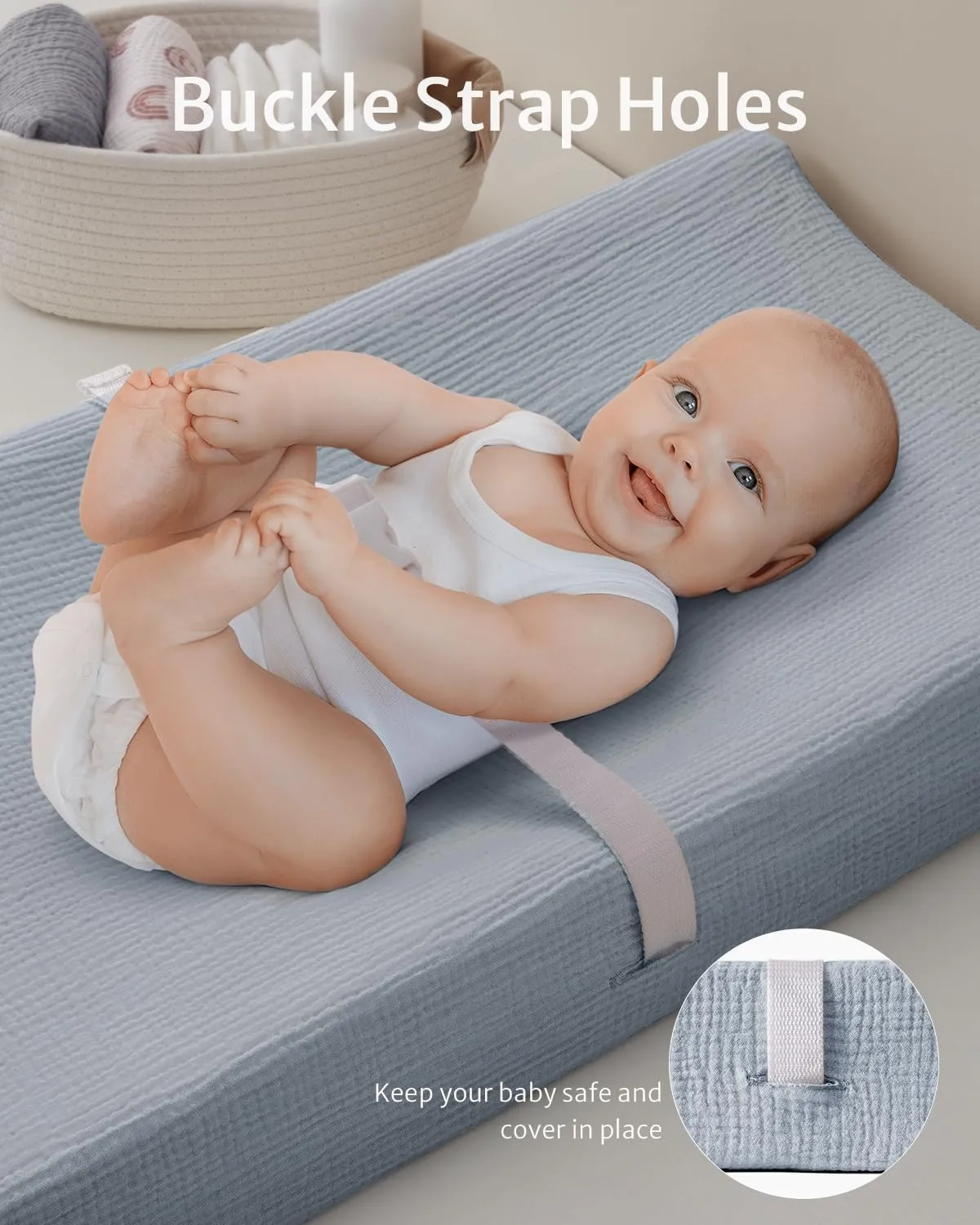 Blissful Diary Muslin Changing Pad Cover for Girls Boys, Ultra Soft Breathable Cotton, Baby Diaper Change Table Pad Covers, 2Pack (Light Blue&Grey)