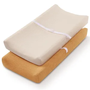 Blissful Diary Muslin Changing Pad Cover for Girls Boys, Ultra Soft Breathable Cotton, Baby Diaper Change Table Pad Covers, 2Pack (Retro Yellow&Beige)