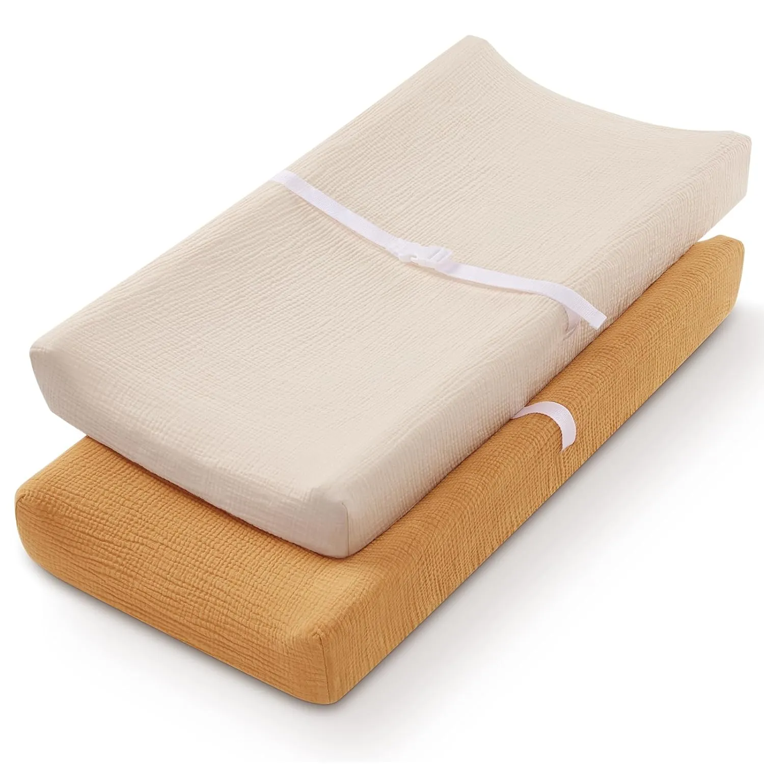 Blissful Diary Muslin Changing Pad Cover for Girls Boys, Ultra Soft Breathable Cotton, Baby Diaper Change Table Pad Covers, 2Pack (Retro Yellow&Beige)