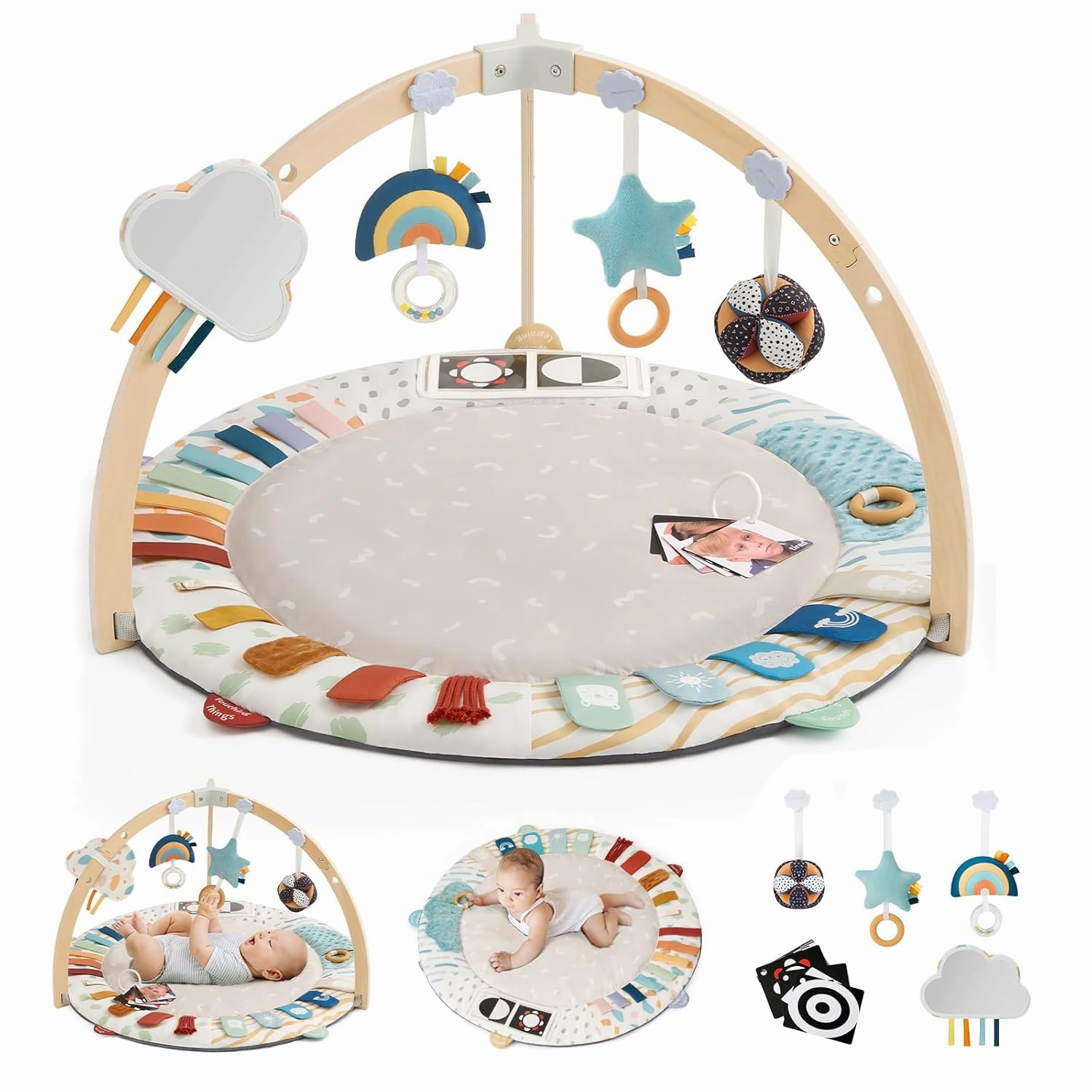 Blissful Diary Baby Play Gym & Activity Mat, 5 Developmental Zones Wooden Tummy Time Mat with 6 Detachable Sensory Toys for Motor Skills & Sensory Development, Baby Essentials Shower Gift