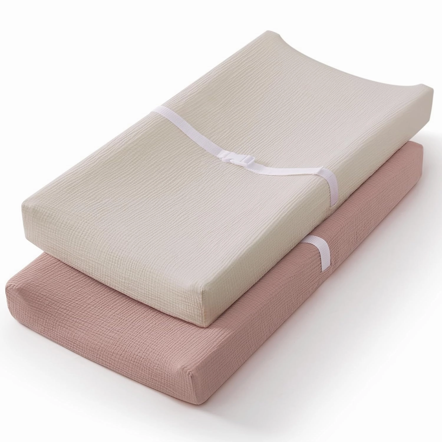 Blissful Diary Muslin Changing Pad Cover for Girls Boys, Ultra Soft Breathable Cotton, Baby Diaper Change Table Pad Covers, 2Pack (Light Pink&Cream)