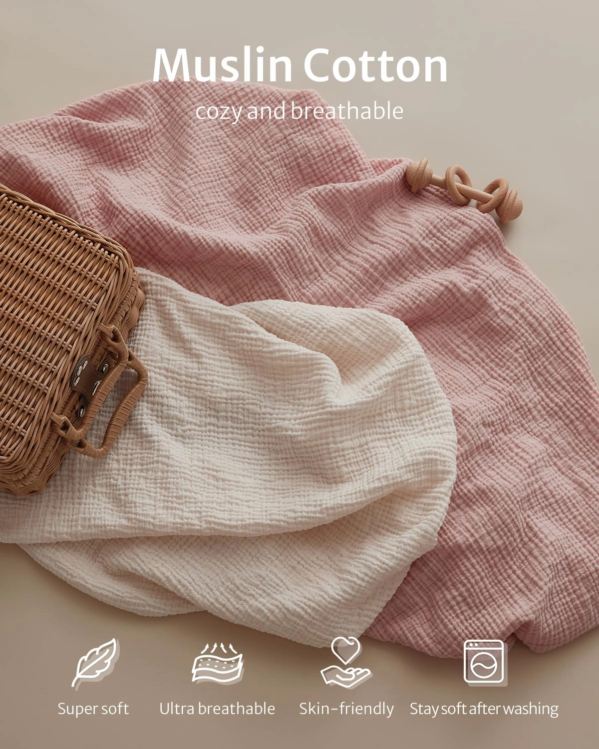 Blissful Diary Muslin Changing Pad Cover for Girls Boys, Ultra Soft Breathable Cotton, Baby Diaper Change Table Pad Covers, 2Pack (Light Pink&Cream)