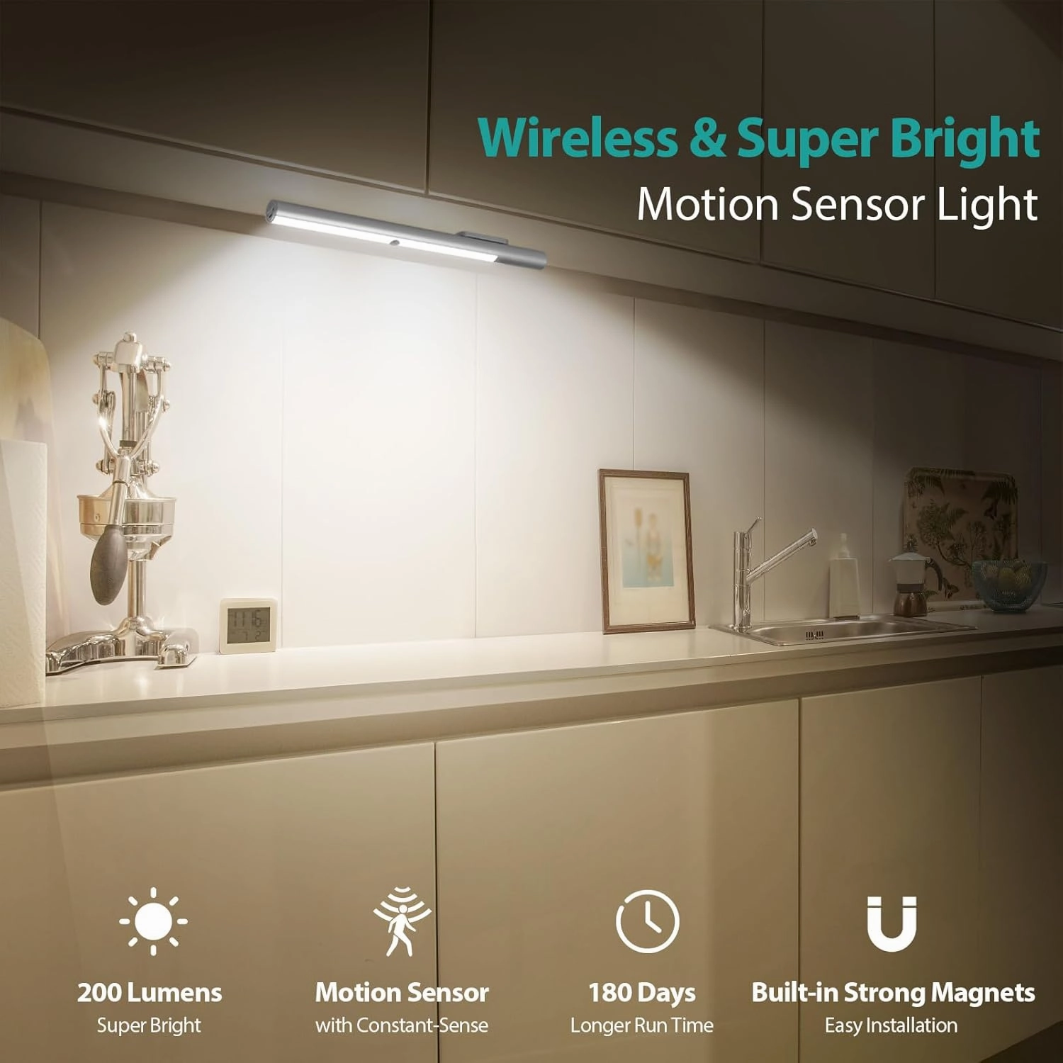 BLS LED Closet Light Battery Operated, T402 Super Bright Wireless Under Cabinet Lighting | Motion Sensor Light | Large 4500mAh Rechargeable Battery Powered | 4000K Daylight White | 180 Days Run Time