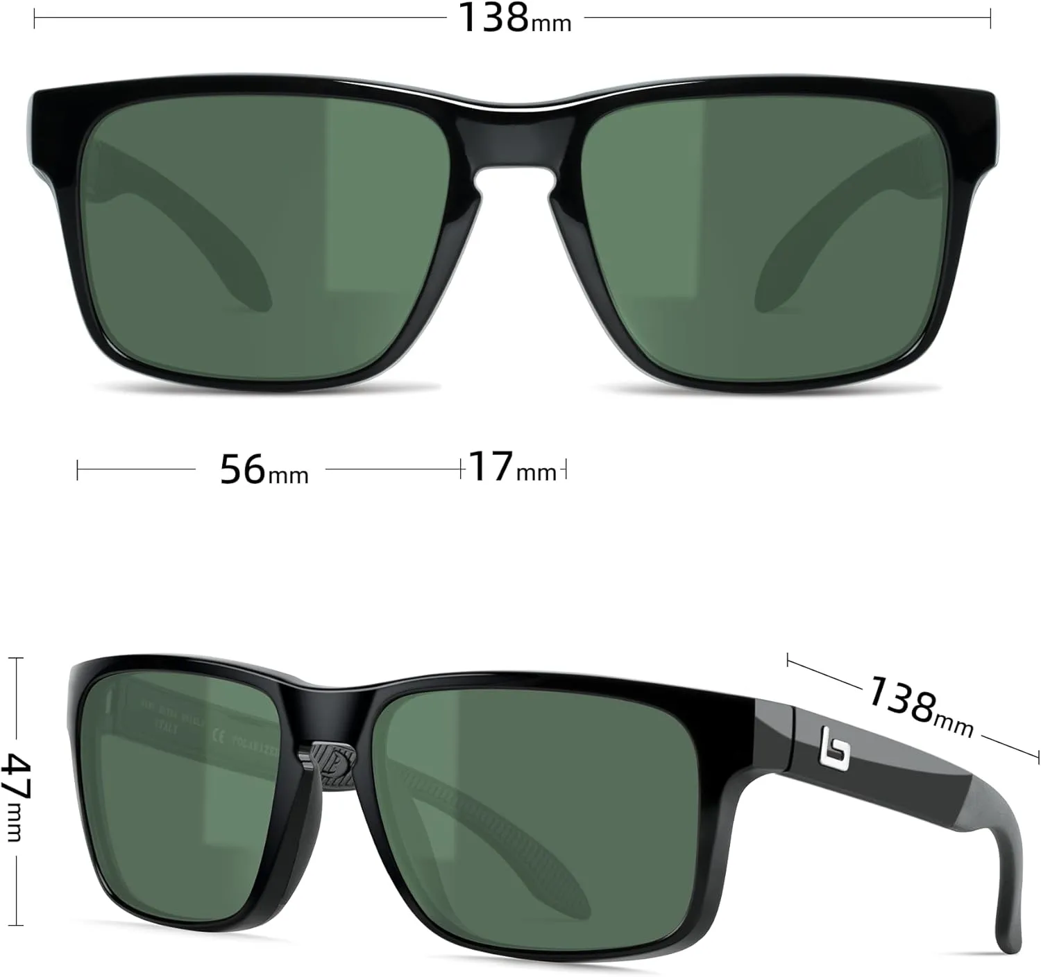 Bnus italy made classic sunglasses corning real glass lens w. polarized option