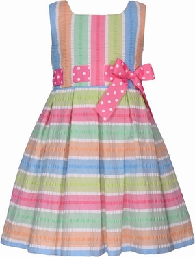 Bonnie Jean Girls 3M-16 Bright Stripe Seersucker Pull-Through Bow Dress