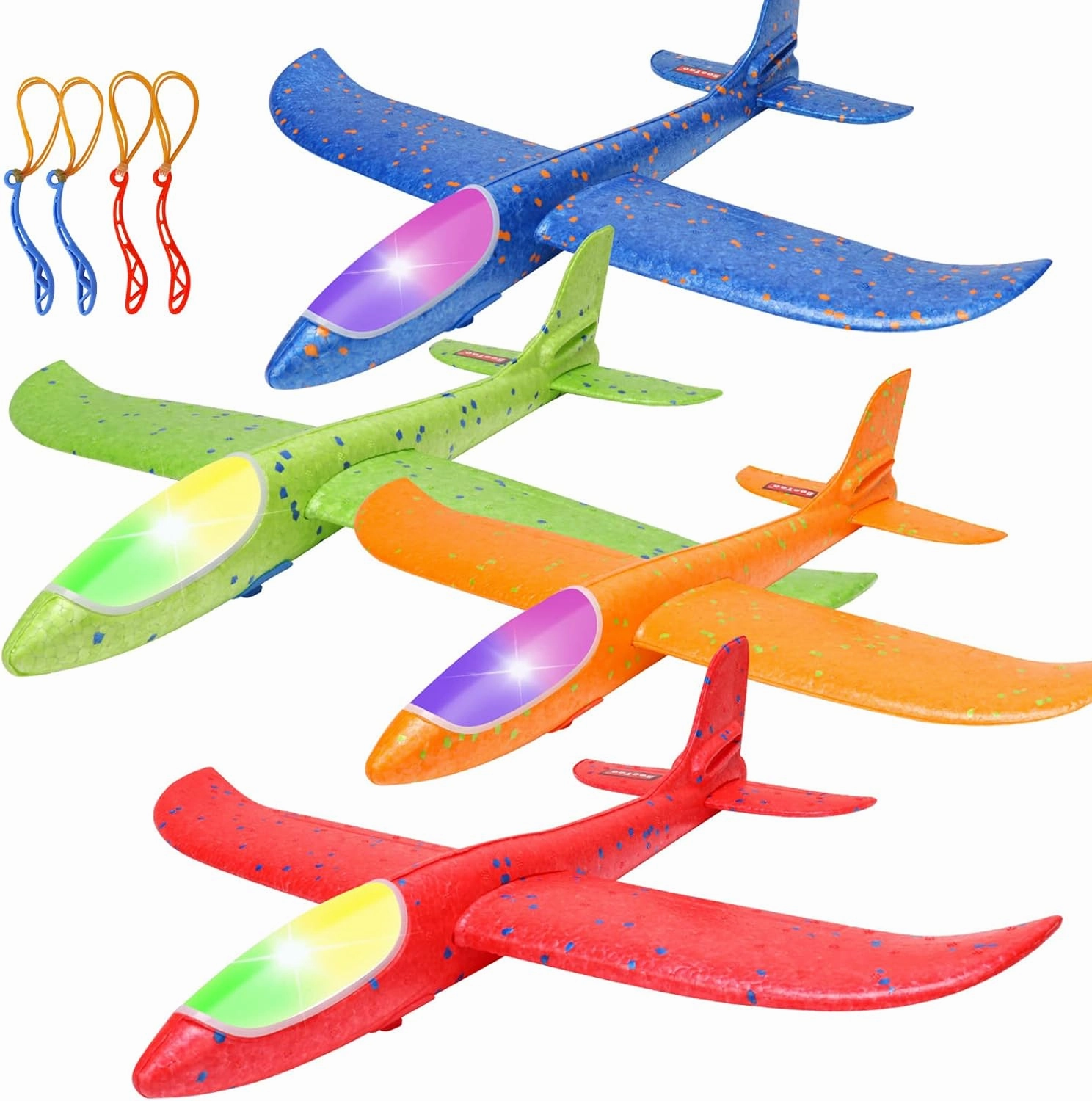 BooTaa 4 Pack LED Foam Airplane,17.5" Large Throwing Foam Plane, 2 Flight Mode Glider, Flying Toy for Kids, Gifts for 3 4 5 6 7 8 9 Years Old Boy, Outdoor Sport Toys Birthday Party Favors