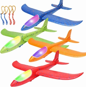 BooTaa 4 Pack LED Foam Airplane,17.5" Large Throwing Foam Plane, 2 Flight Mode Glider, Flying Toy for Kids, Gifts for 3 4 5 6 7 8 9 Years Old Boy, Outdoor Sport Toys Birthday Party Favors