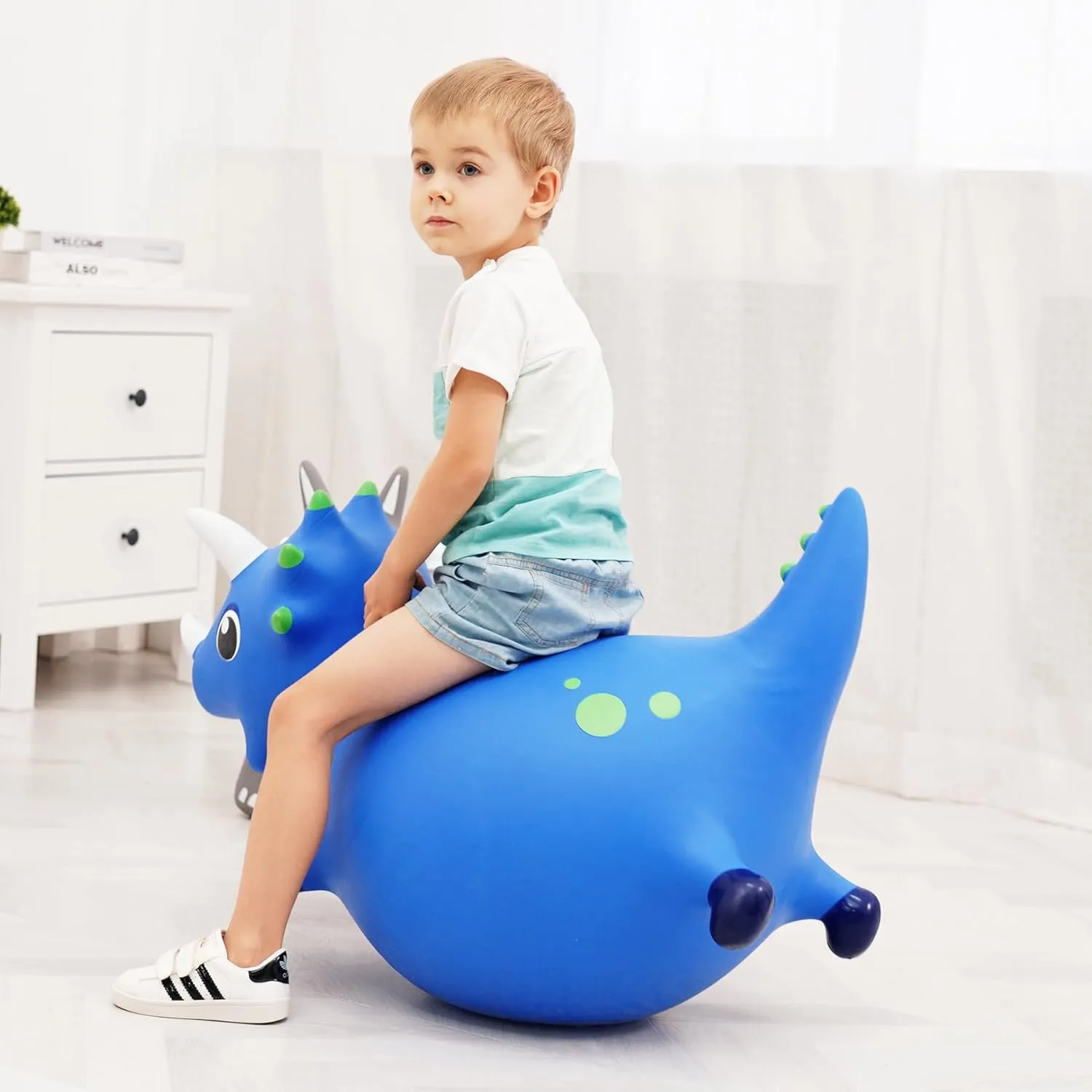 Bouncy Dinosaur Hopper, Inflatable Dino Bouncing Animal for Toddlers, Indoor Outdoor Ride On Bouncing Horse W/Pump, Hopping Toys Gift for 4 5 6 7 8 Year Old Boy Girl