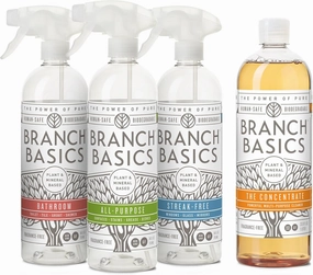 Branch Basics Cleaning Essentials Kit: All Purpose Spray, Glass Cleaner, and Bathroom Cleaner - Concentrate (33.8 Oz)   Plastic Spray Bottles for Cleaning (24 Oz) Non-Toxic, Fragrance-Free