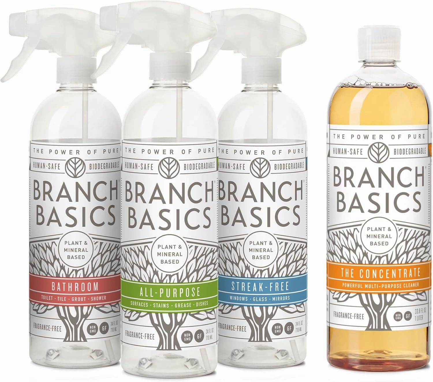 Branch Basics Cleaning Essentials Kit: All Purpose Spray, Glass Cleaner, and Bathroom Cleaner - Concentrate (33.8 Oz)   Plastic Spray Bottles for Cleaning (24 Oz) Non-Toxic, Fragrance-Free