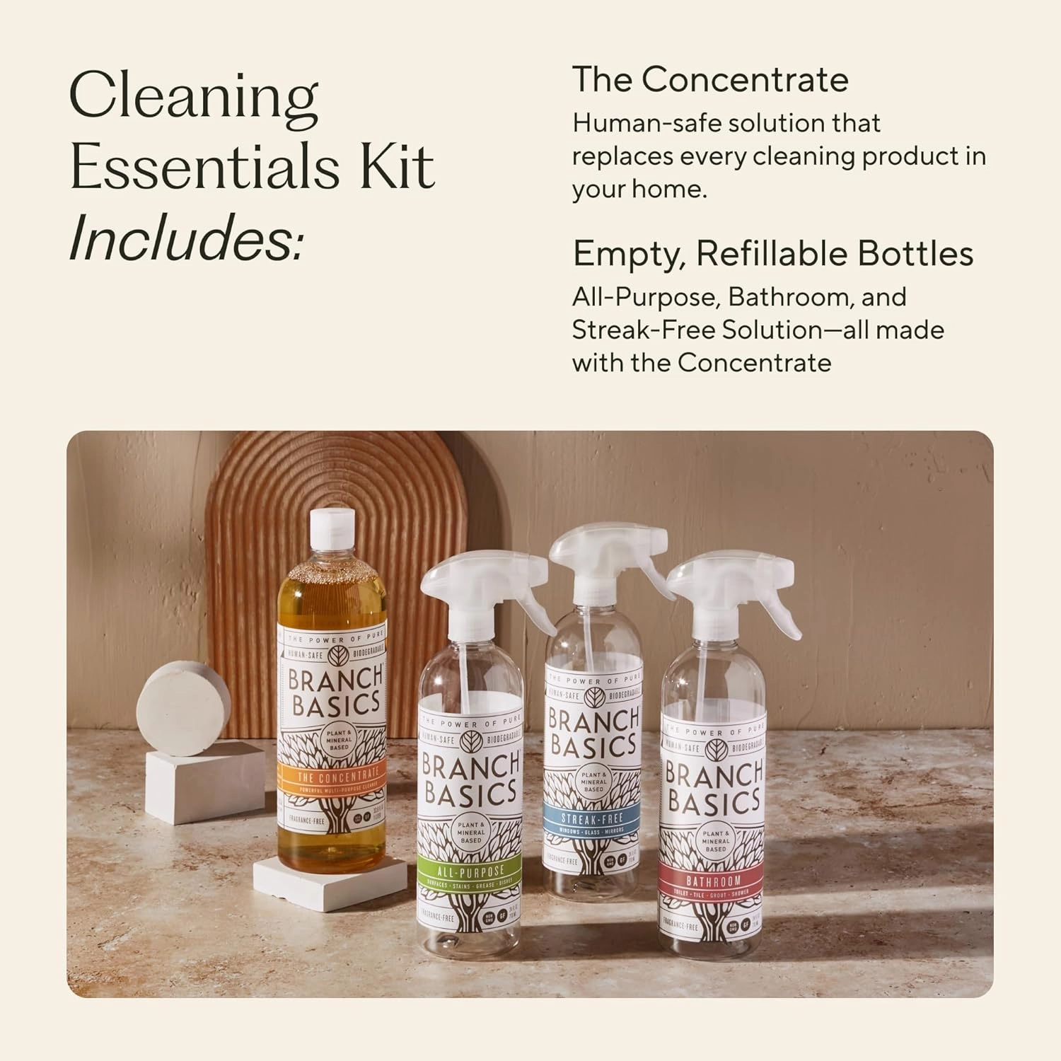 Branch Basics Cleaning Essentials Kit: All Purpose Spray, Glass Cleaner, and Bathroom Cleaner - Concentrate (33.8 Oz)   Plastic Spray Bottles for Cleaning (24 Oz) Non-Toxic, Fragrance-Free