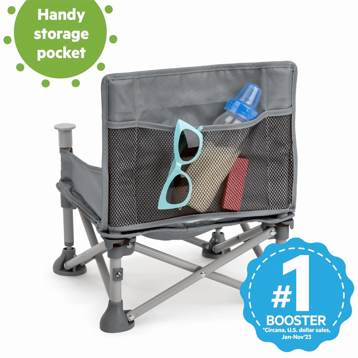 Bright Starts Pop 'N Sit Portable Booster, Indoor/Outdoor Use, Floor Seat with Feeding Tray, Grey, 6 Mos - 3 Yrs