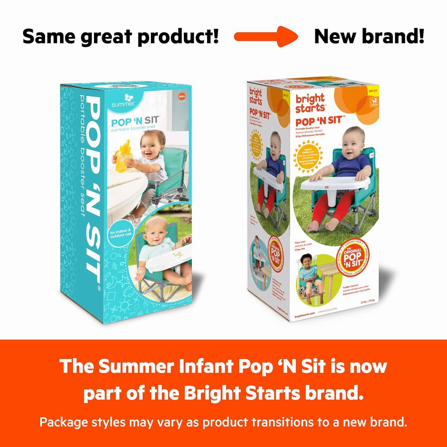 Bright Starts Pop 'N Sit Portable Booster, Indoor/Outdoor Use, Floor Seat with Feeding Tray, Pink, 6 Mos - 3 Yrs