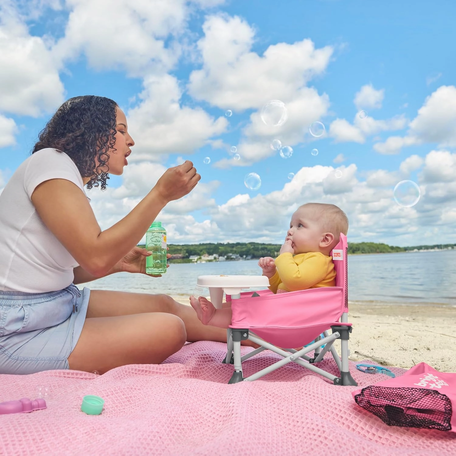 Bright Starts Pop 'N Sit Portable Booster, Indoor/Outdoor Use, Floor Seat with Feeding Tray, Pink, 6 Mos - 3 Yrs