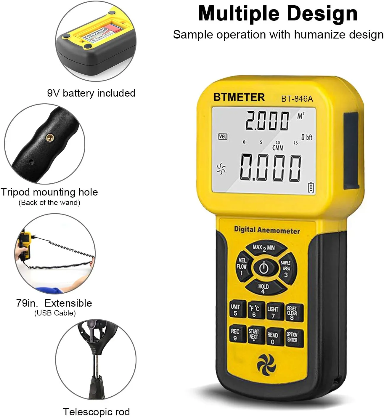 BTMETER BT-846A Pro HVAC Anemometer Measures Wind Speed Flow Temperature CFM Air Flow Velocity Meter with Backlight MAX MIN AVG