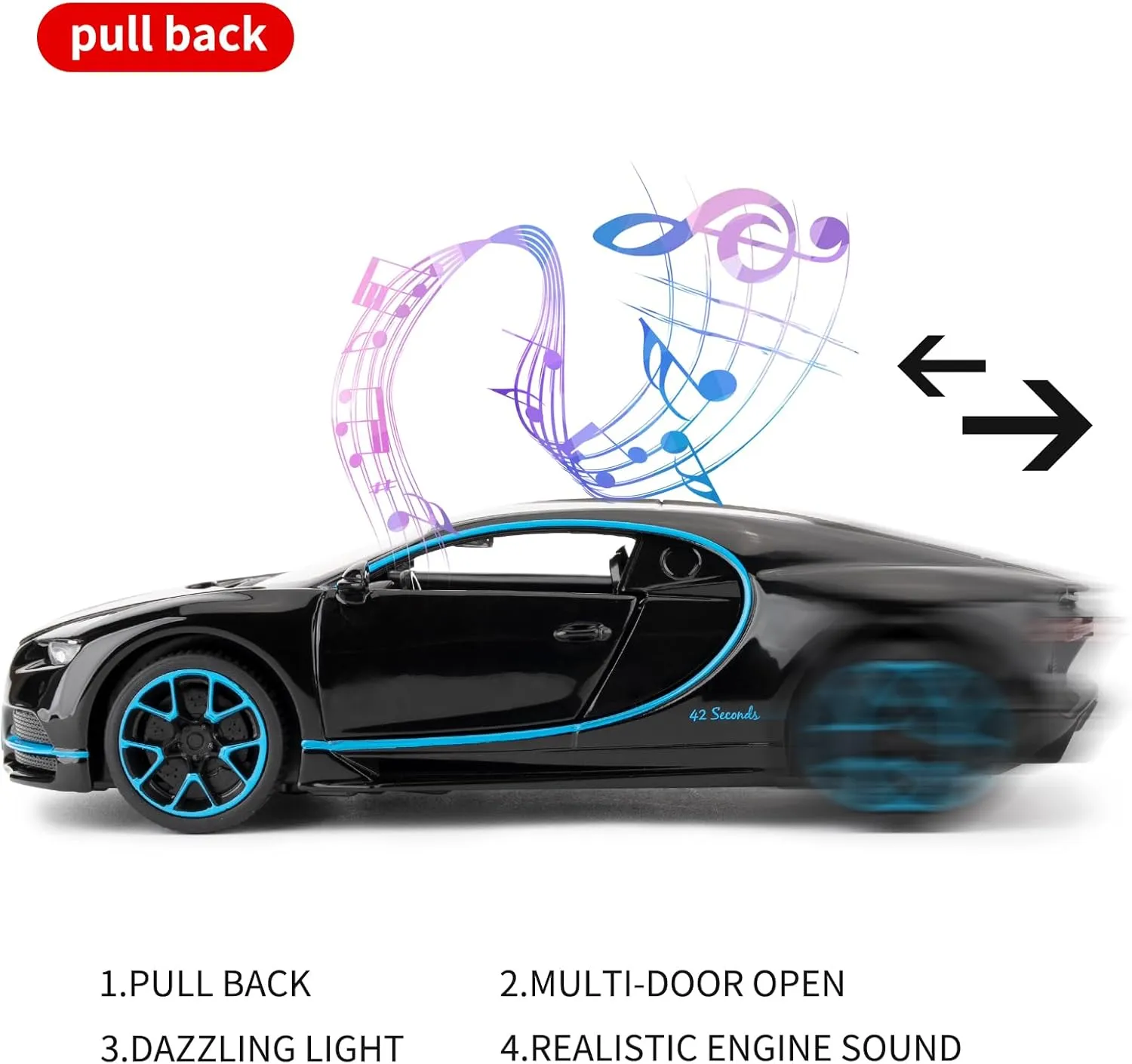 Bugatti Chiron 1/32 Scale Alloy Car with Pull Back, Sound & Bright Lights - For 3-8 Year Olds (Black)
