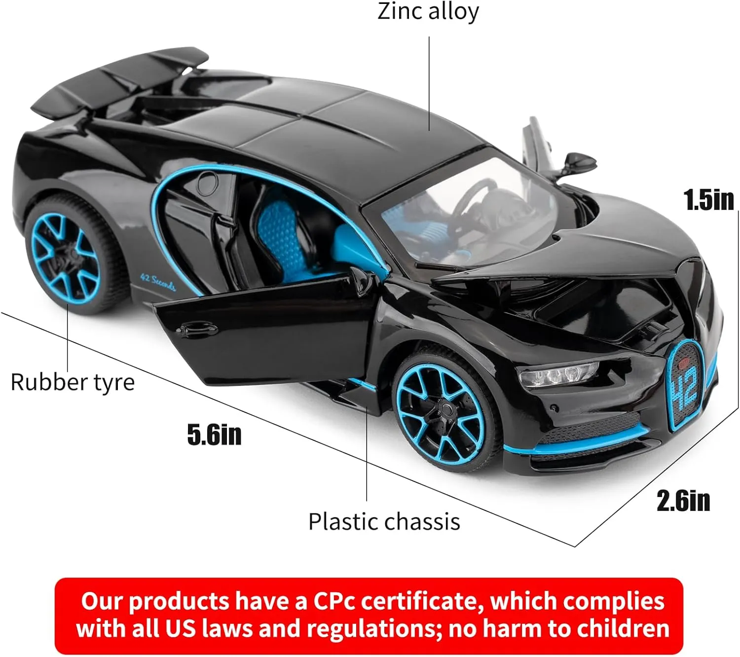 Bugatti Chiron 1/32 Scale Alloy Car with Pull Back, Sound & Bright Lights - For 3-8 Year Olds (Black)