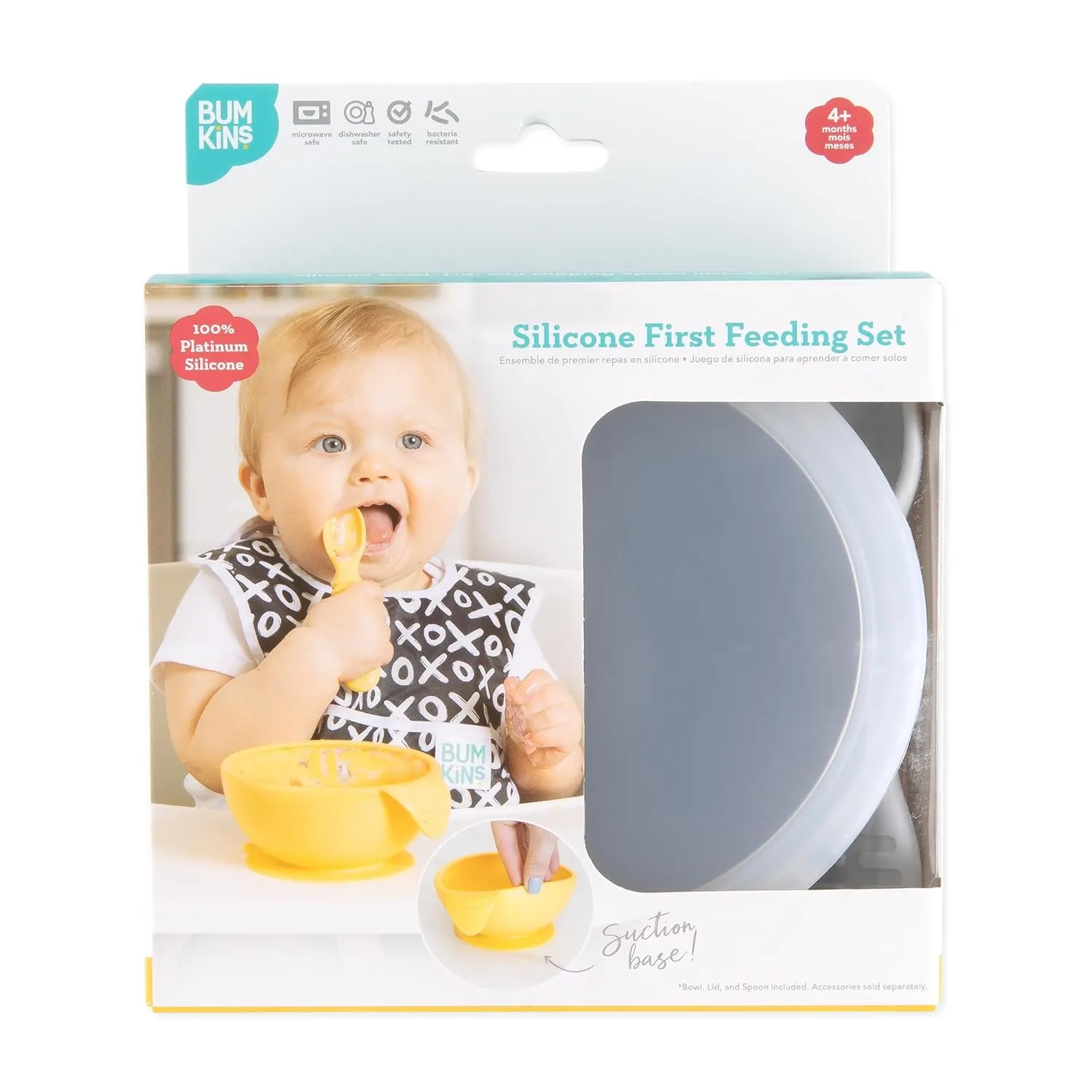 Bumkins Baby Bowl, Silicone Baby Feeding Set with Suction for Baby and Toddler, Includes Spoon and Lid, First Feeding Set, Essential for Baby Led Weaning for Babies 4 Months, Marble