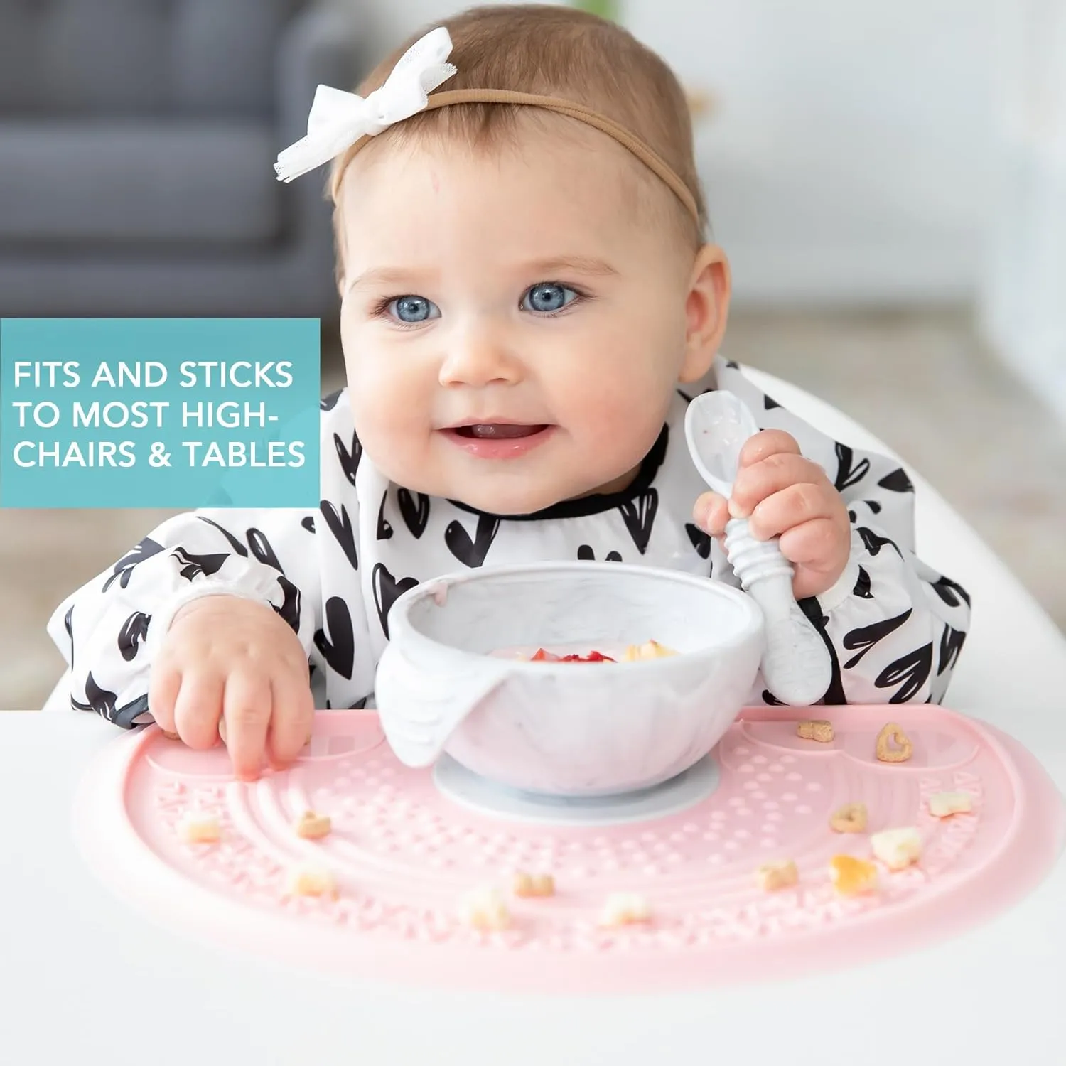 Bumkins Baby Bowl, Silicone Baby Feeding Set with Suction for Baby and Toddler, Includes Spoon and Lid, First Feeding Set, Essential for Baby Led Weaning for Babies 4 Months, Marble