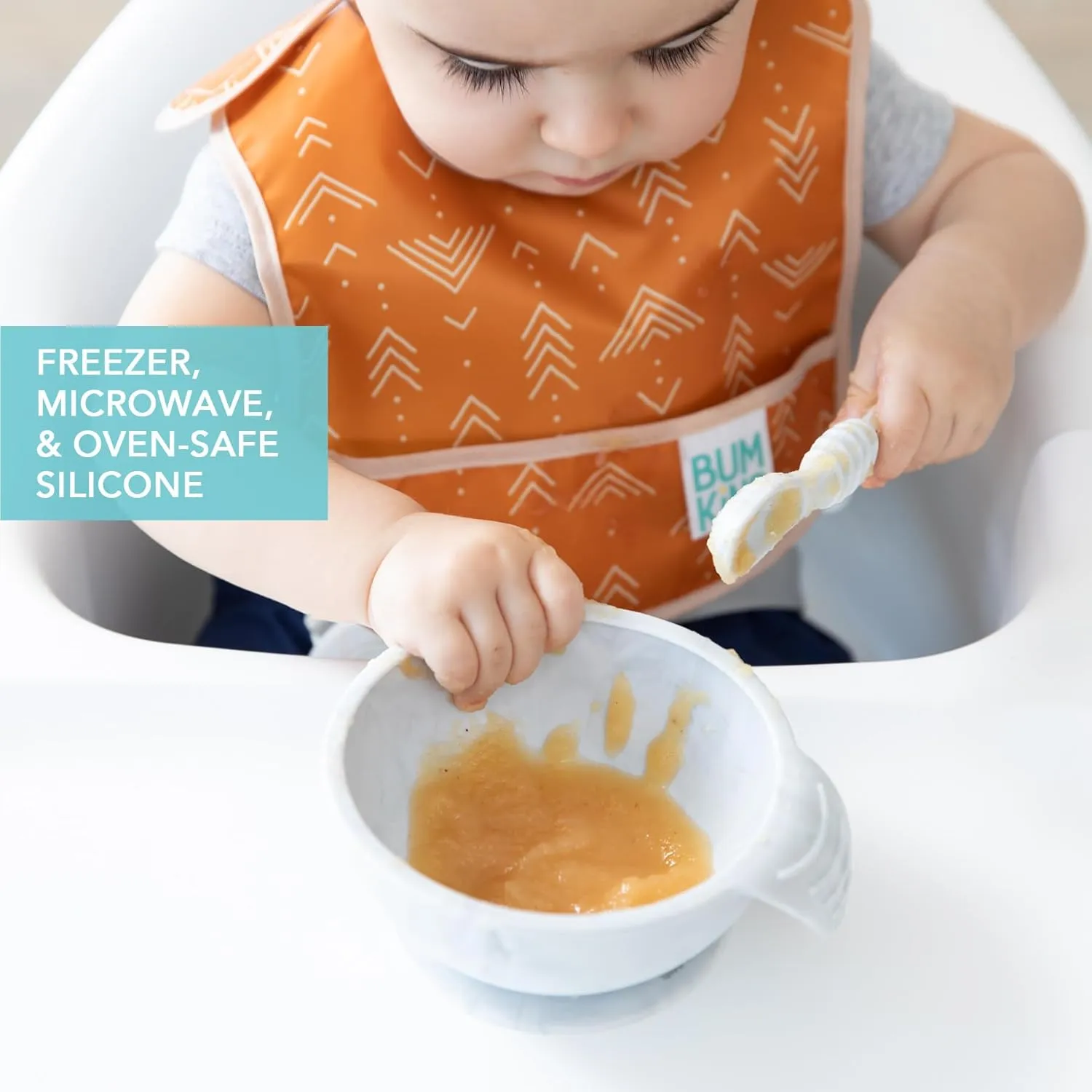 Bumkins Baby Bowl, Silicone Baby Feeding Set with Suction for Baby and Toddler, Includes Spoon and Lid, First Feeding Set, Essential for Baby Led Weaning for Babies 4 Months, Marble
