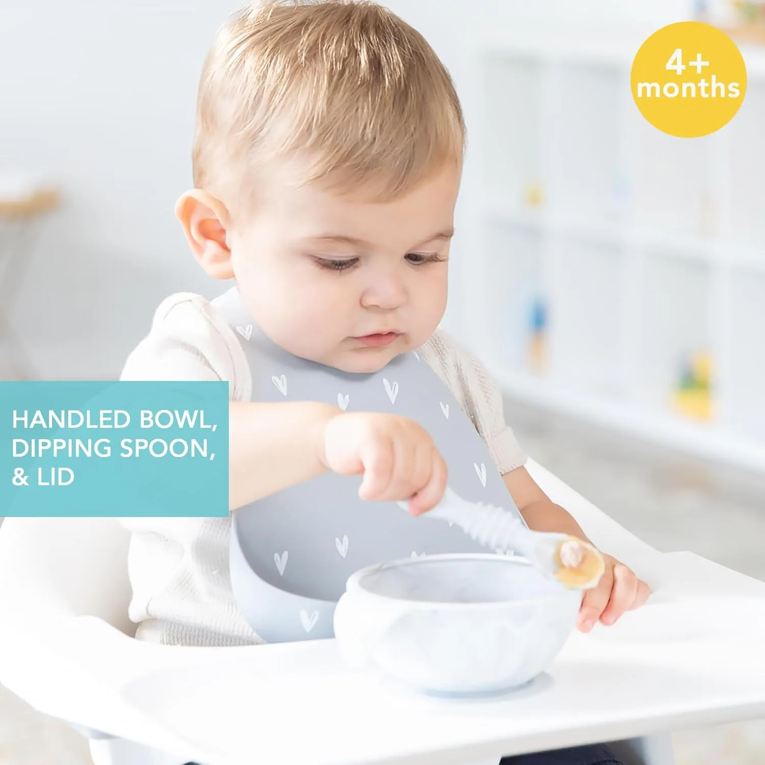 Bumkins Baby Bowl, Silicone Baby Feeding Set with Suction for Baby and Toddler, Includes Spoon and Lid, First Feeding Set, Essential for Baby Led Weaning for Babies 4 Months, Marble