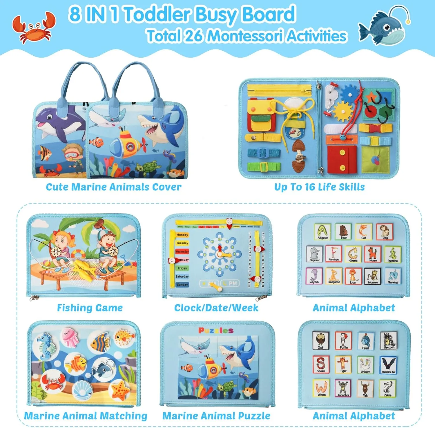 Busy Board Montessori Toys for 1 2 3 4 Year Old Boys & Girls Birthday Gifts, Toddlers Sensory Educational Travel Activities Busy Book with Fishing Game & Alphabet Puzzle & Fine Motor Skills