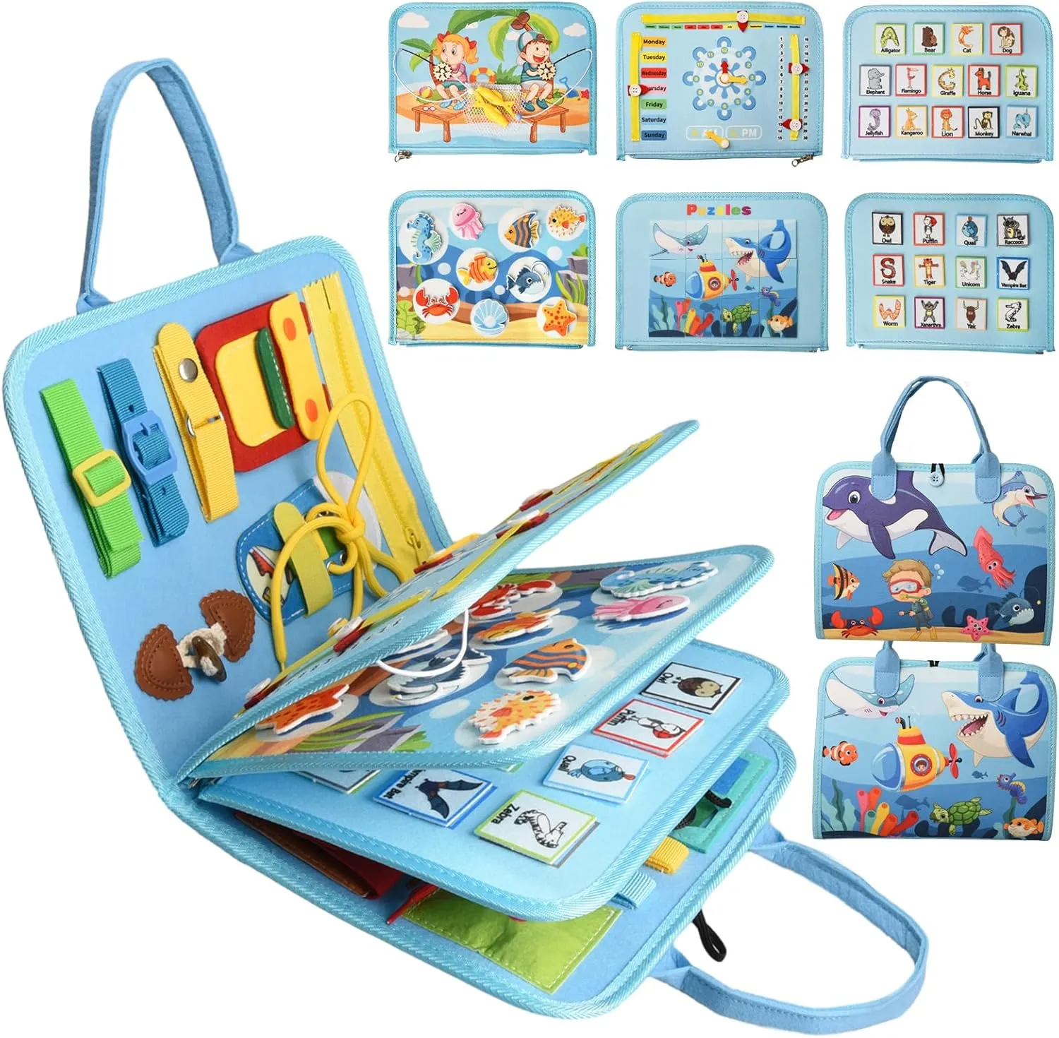 Busy Board Montessori Toys for 1 2 3 4 Year Old Boys & Girls Birthday Gifts, Toddlers Sensory Educational Travel Activities Busy Book with Fishing Game & Alphabet Puzzle & Fine Motor Skills