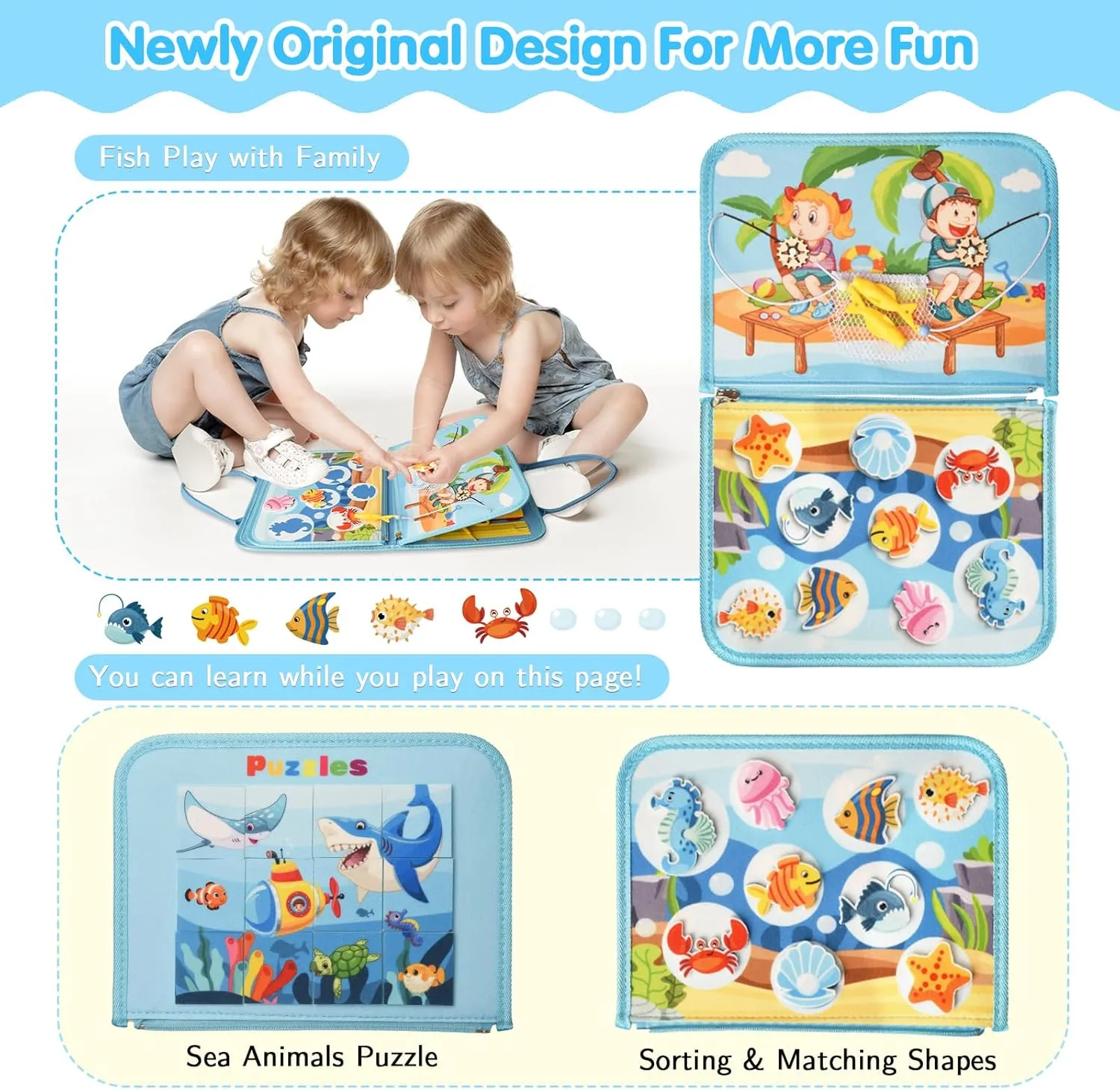 Busy Board Montessori Toys for 1 2 3 4 Year Old Boys & Girls Birthday Gifts, Toddlers Sensory Educational Travel Activities Busy Book with Fishing Game & Alphabet Puzzle & Fine Motor Skills
